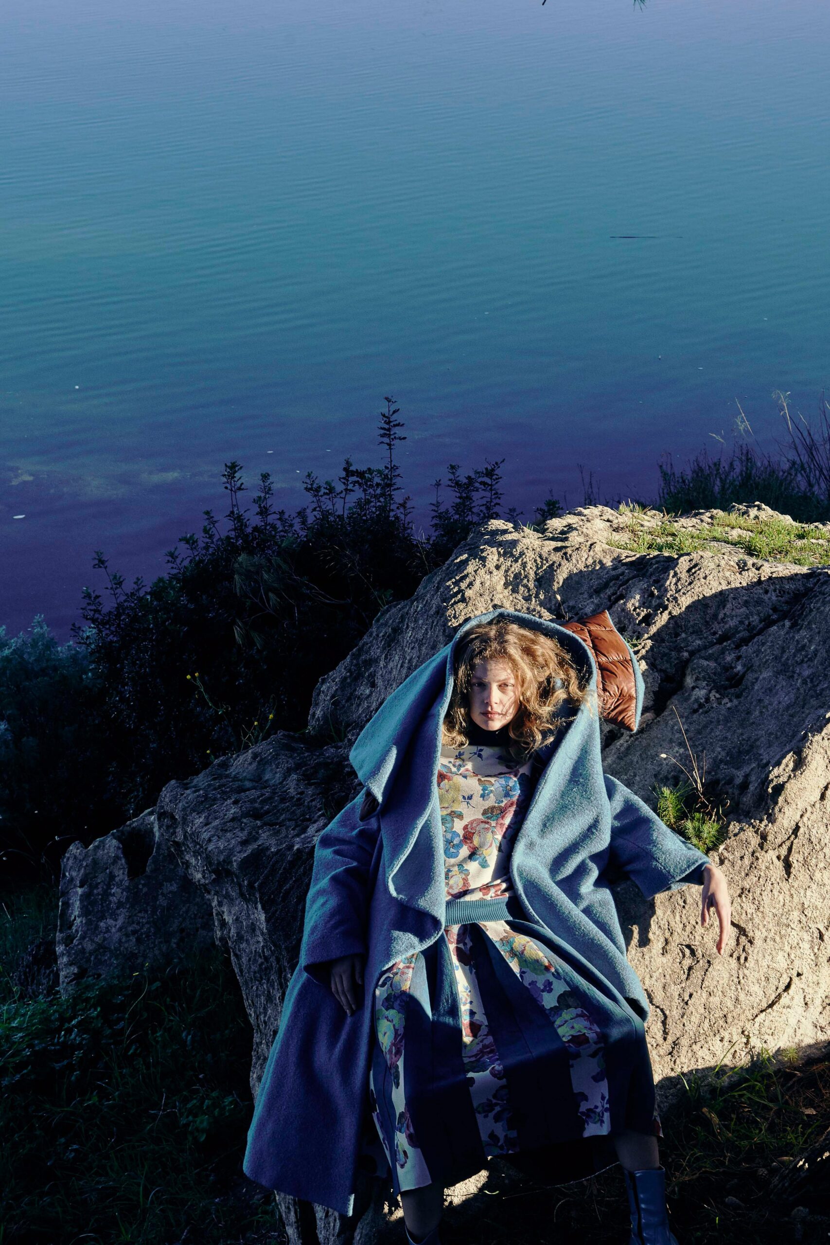 blue wool coat and multi dress