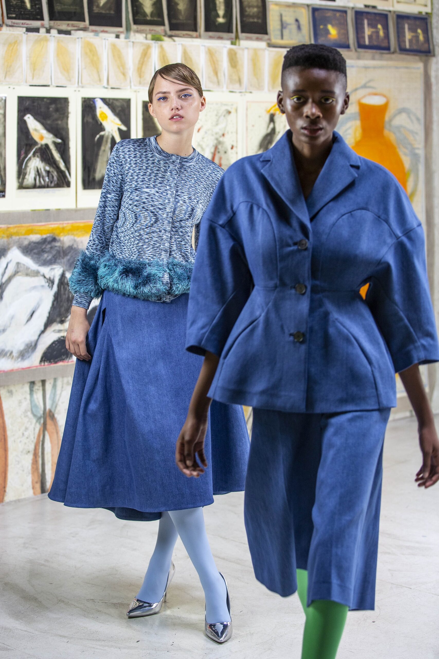 blue denim long-sleeve collared structured buttoned jacket