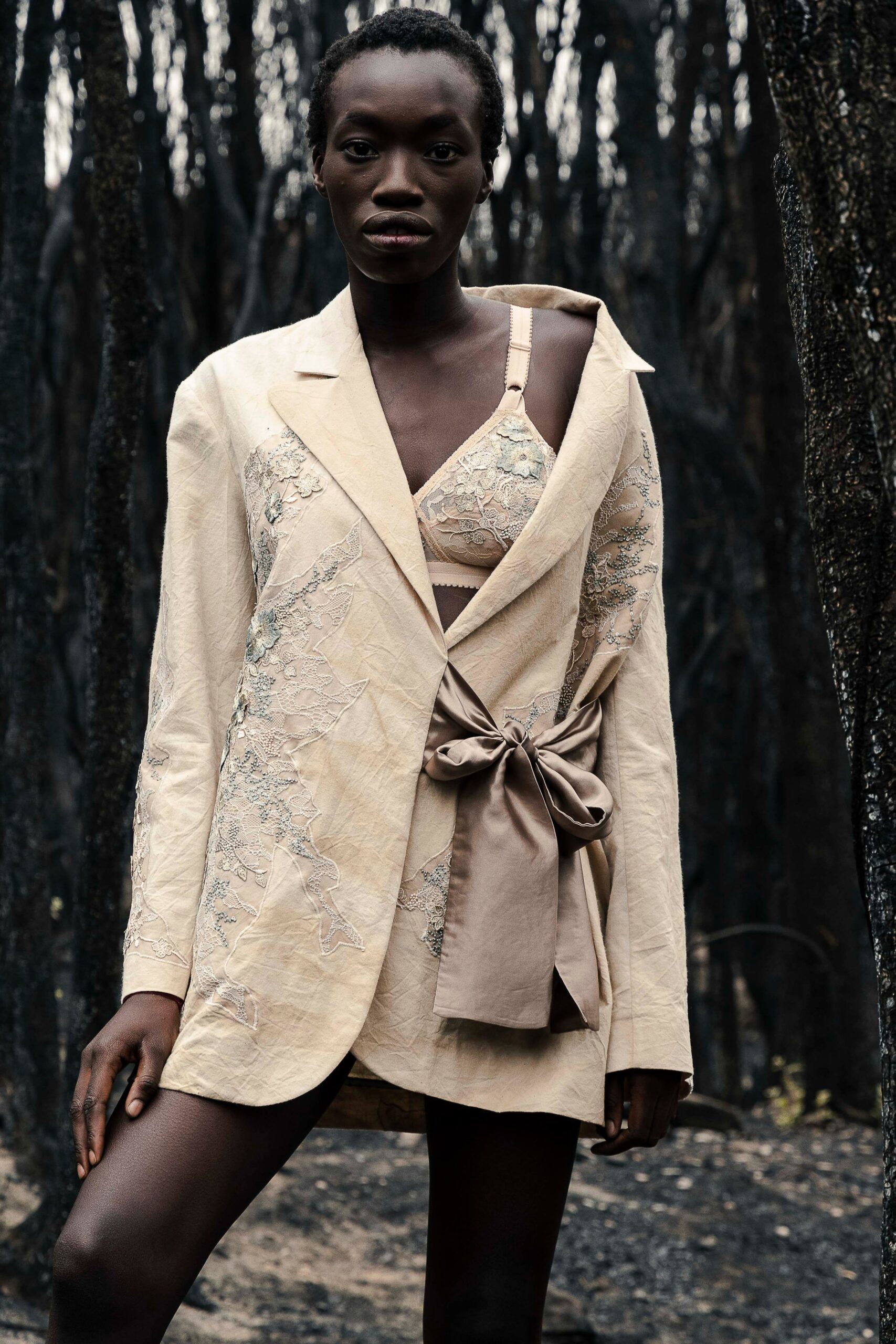 beige tailored blazer with mini skirt