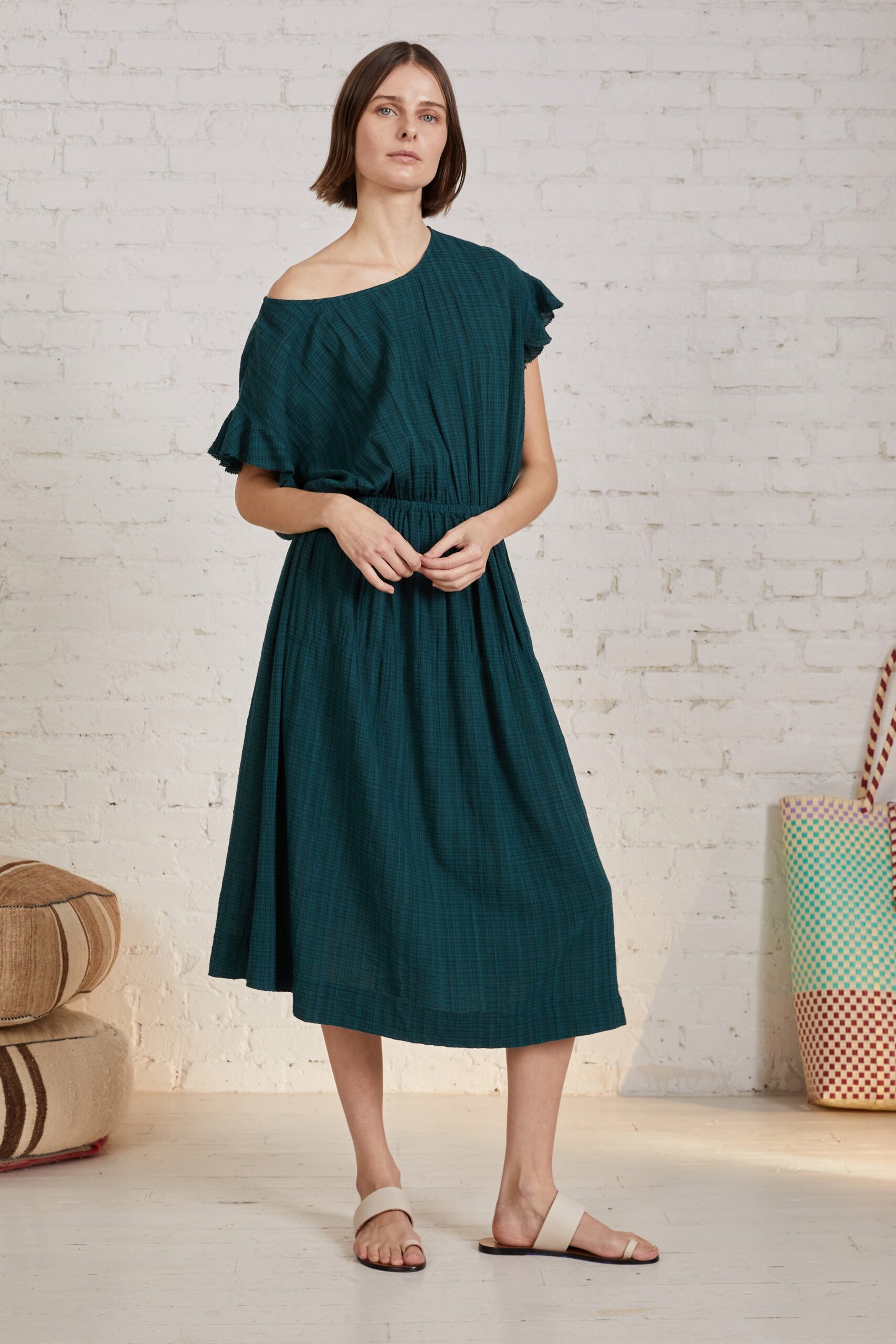 teal cotton off-shoulder dress