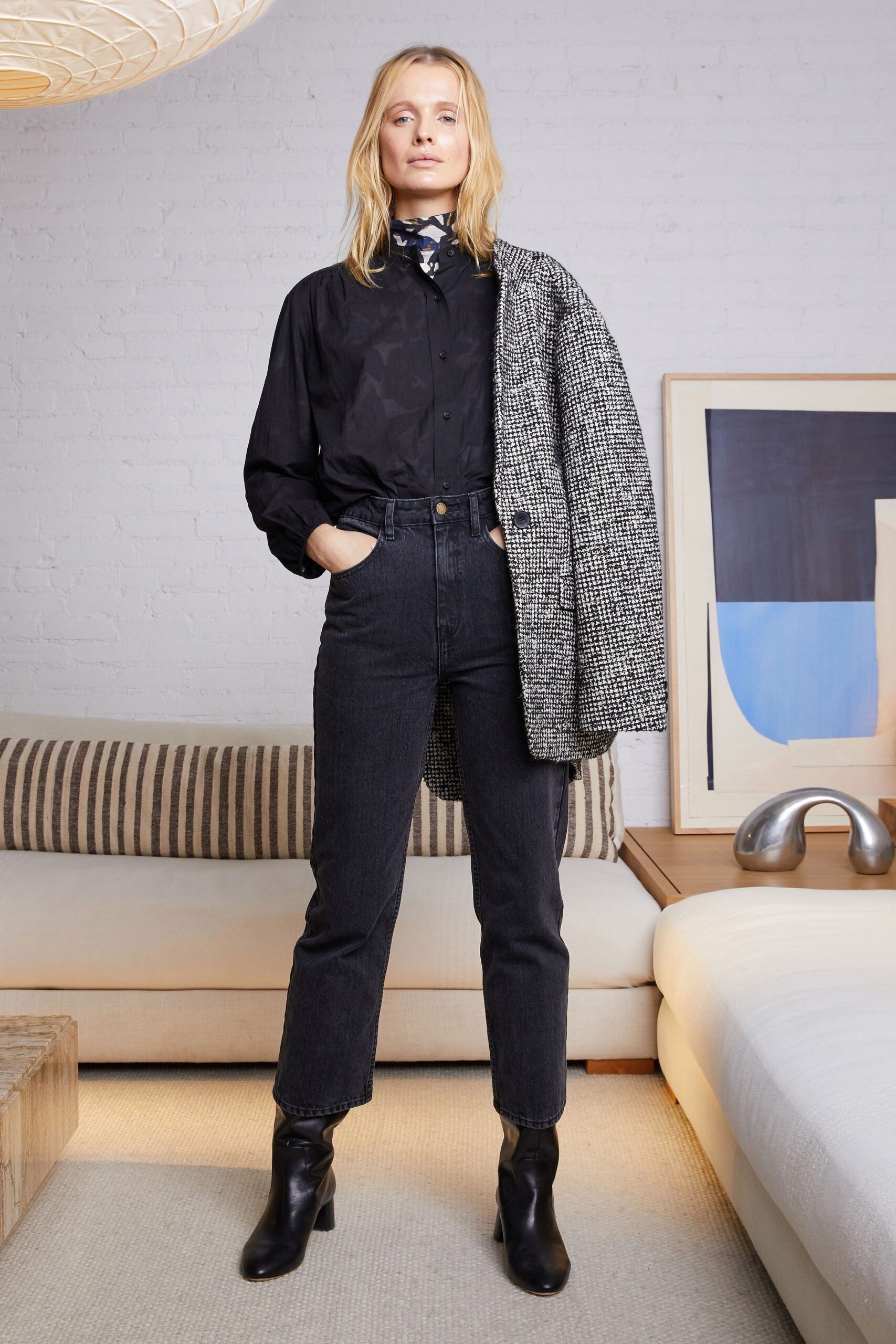 black shirt with gray coat