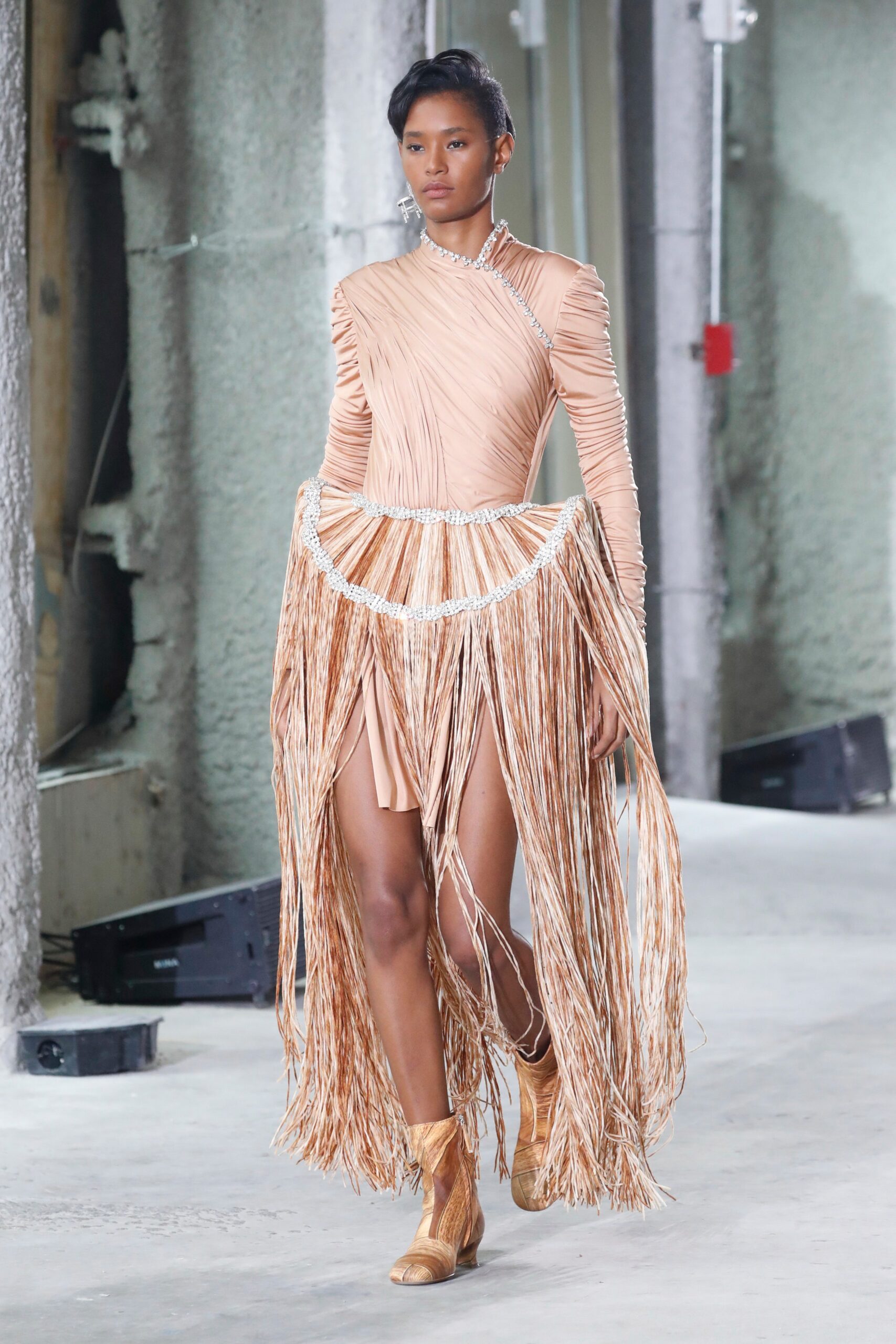 beige pleated fringed dress