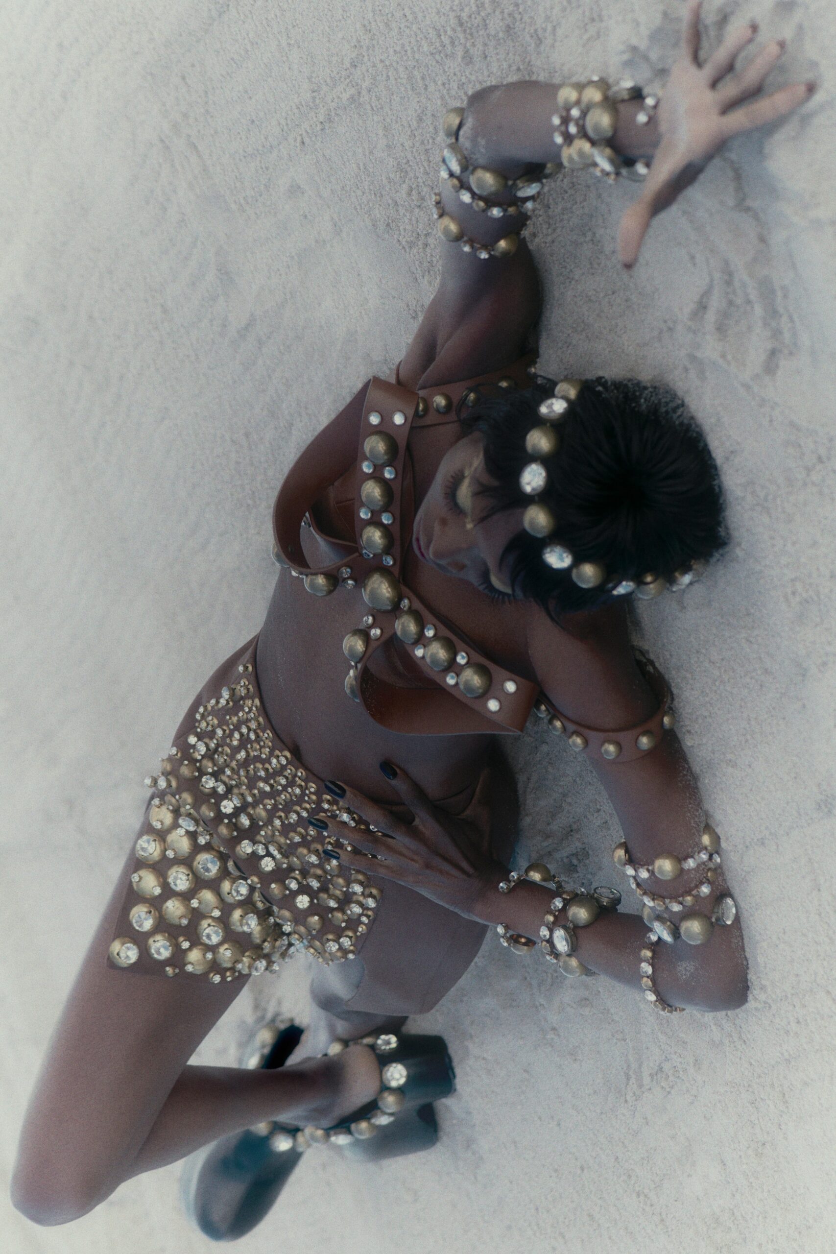 brown vinyl mini-dress with embellishments