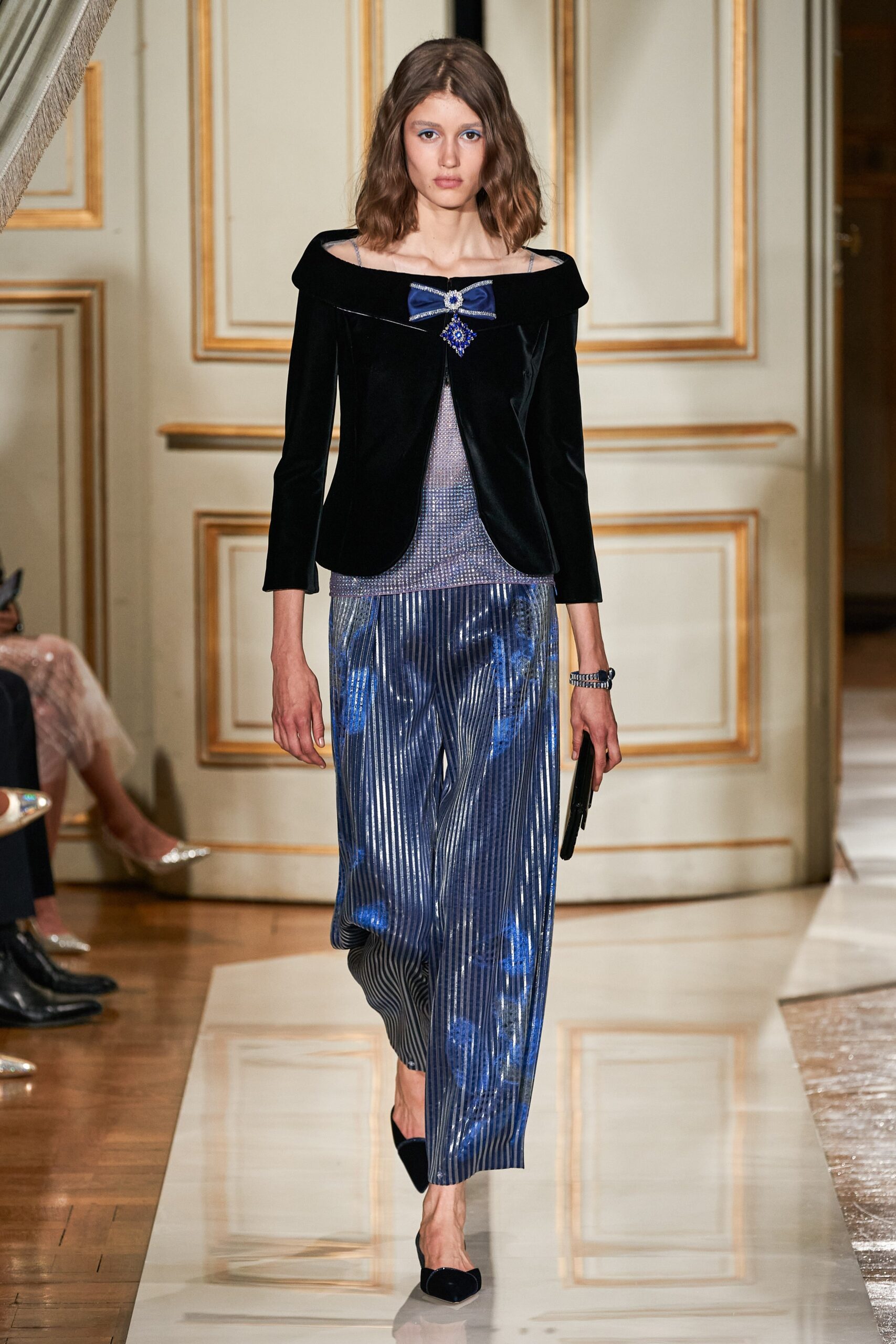 black velvet jacket with blue top