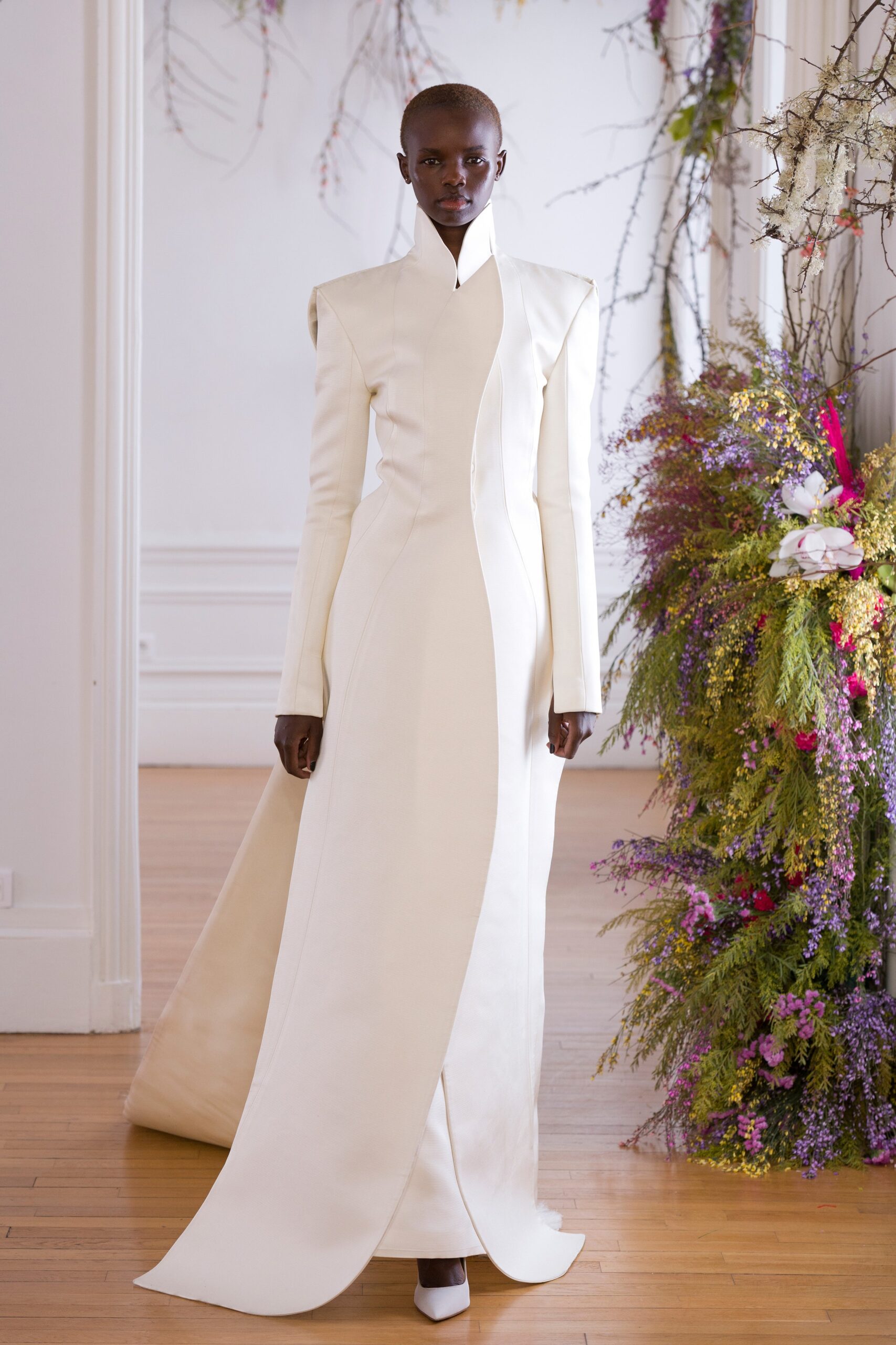 white silk fitted gown