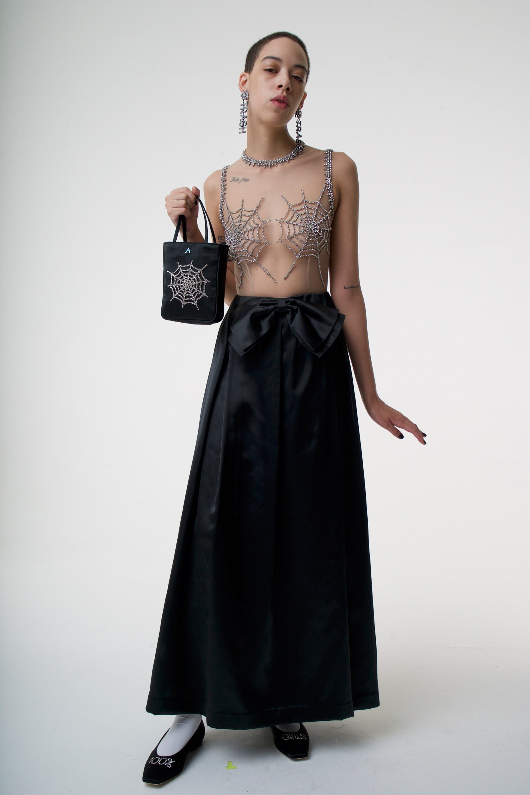 black silk gown with mesh top