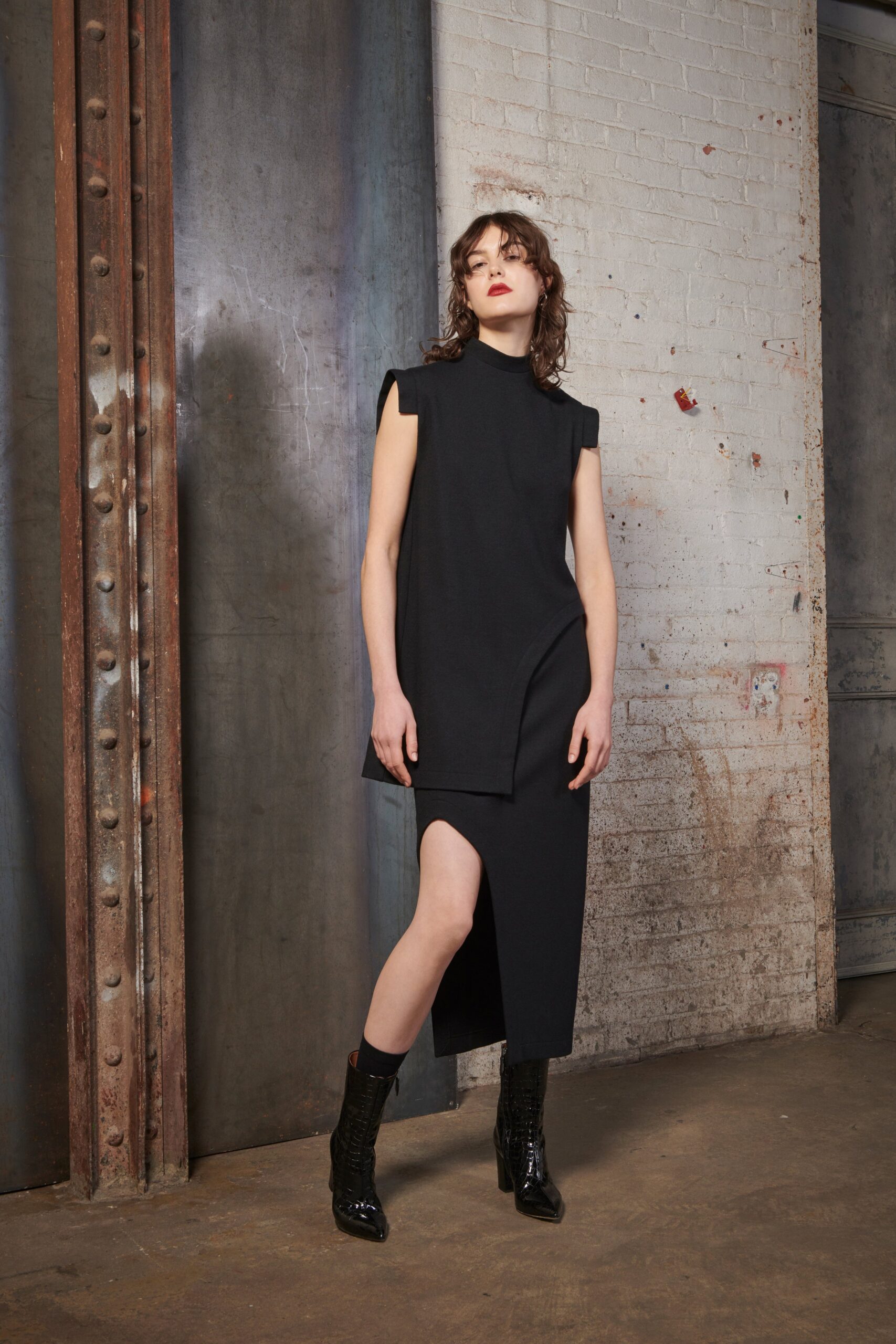 black fitted midi dress with slit