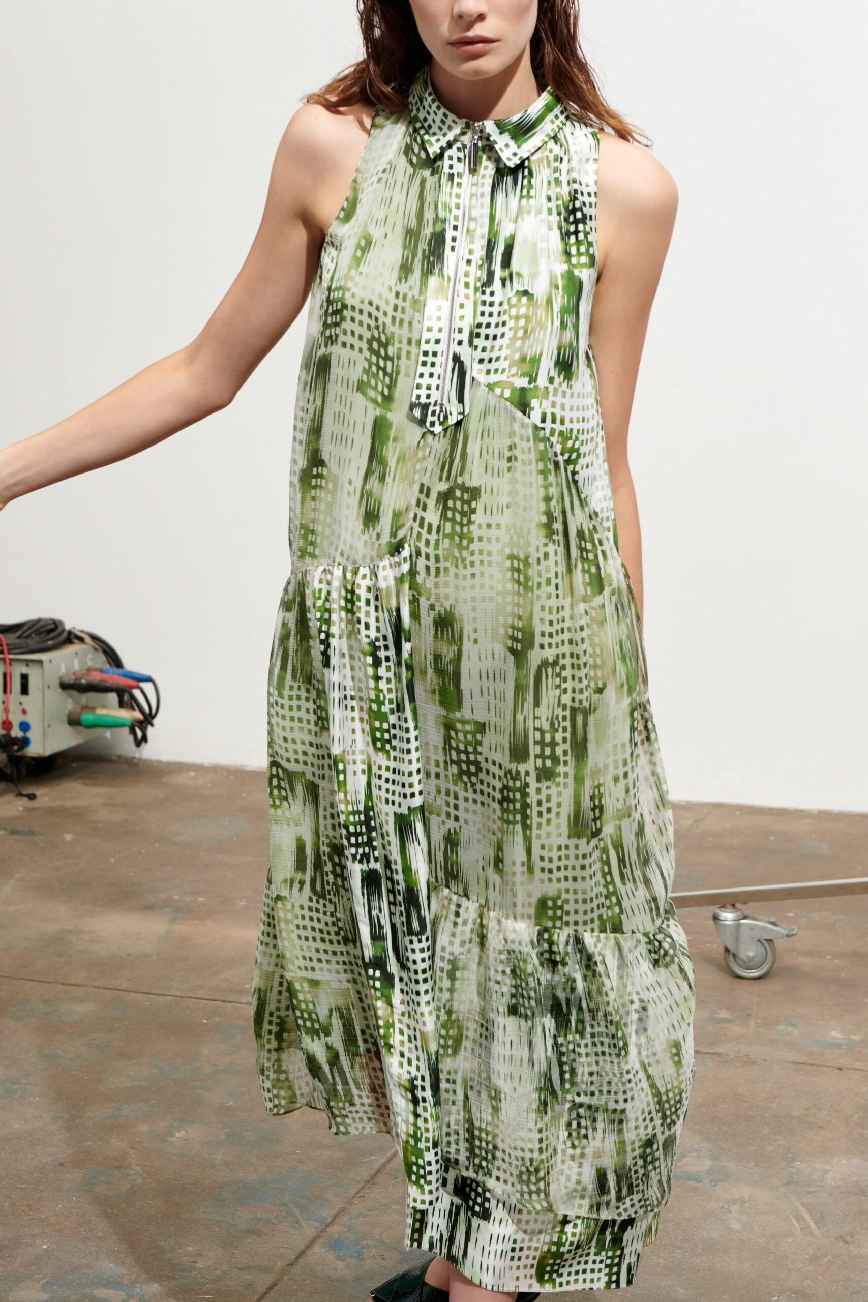 green printed sleeveless maxi dress