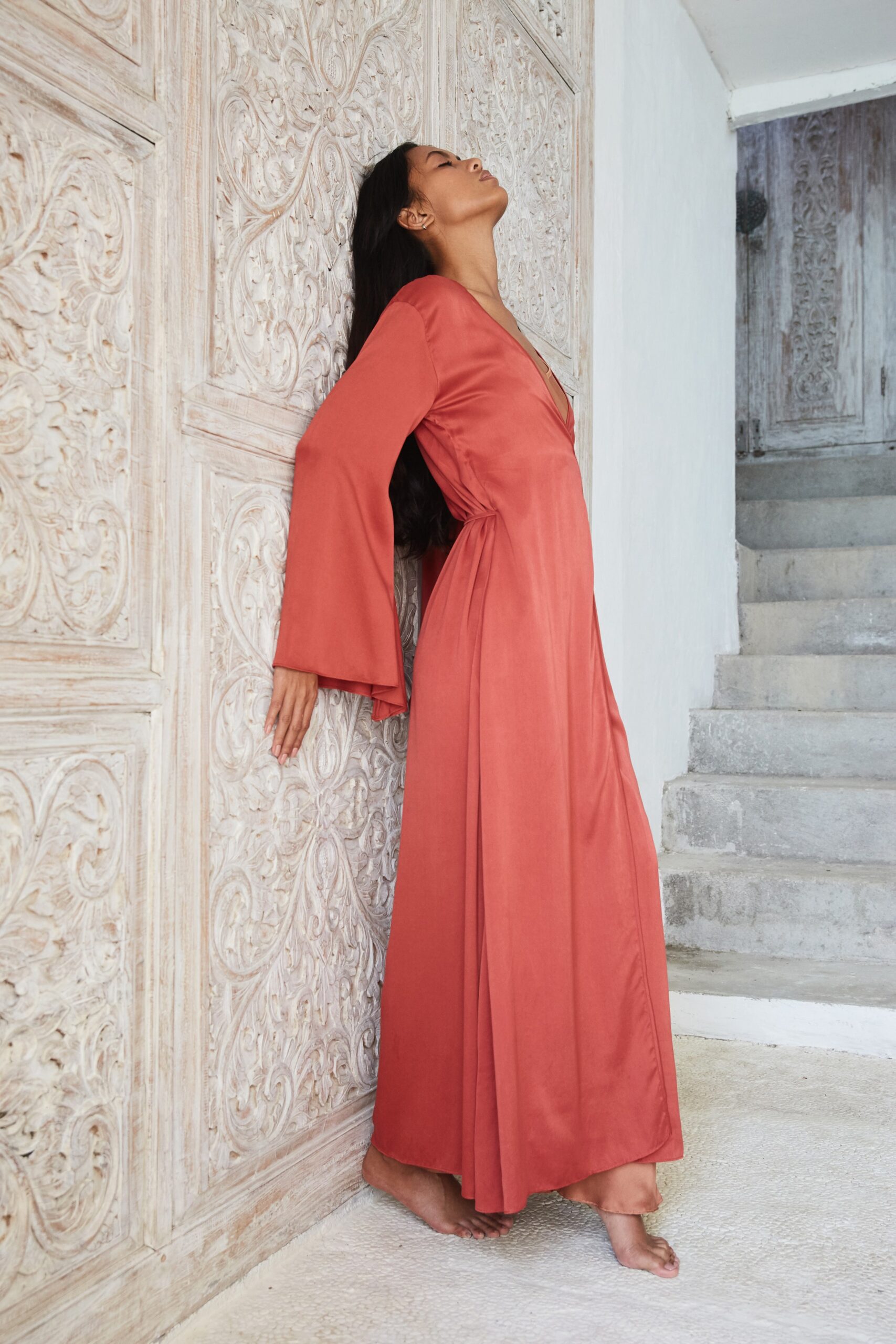 coral silk long-sleeve dress