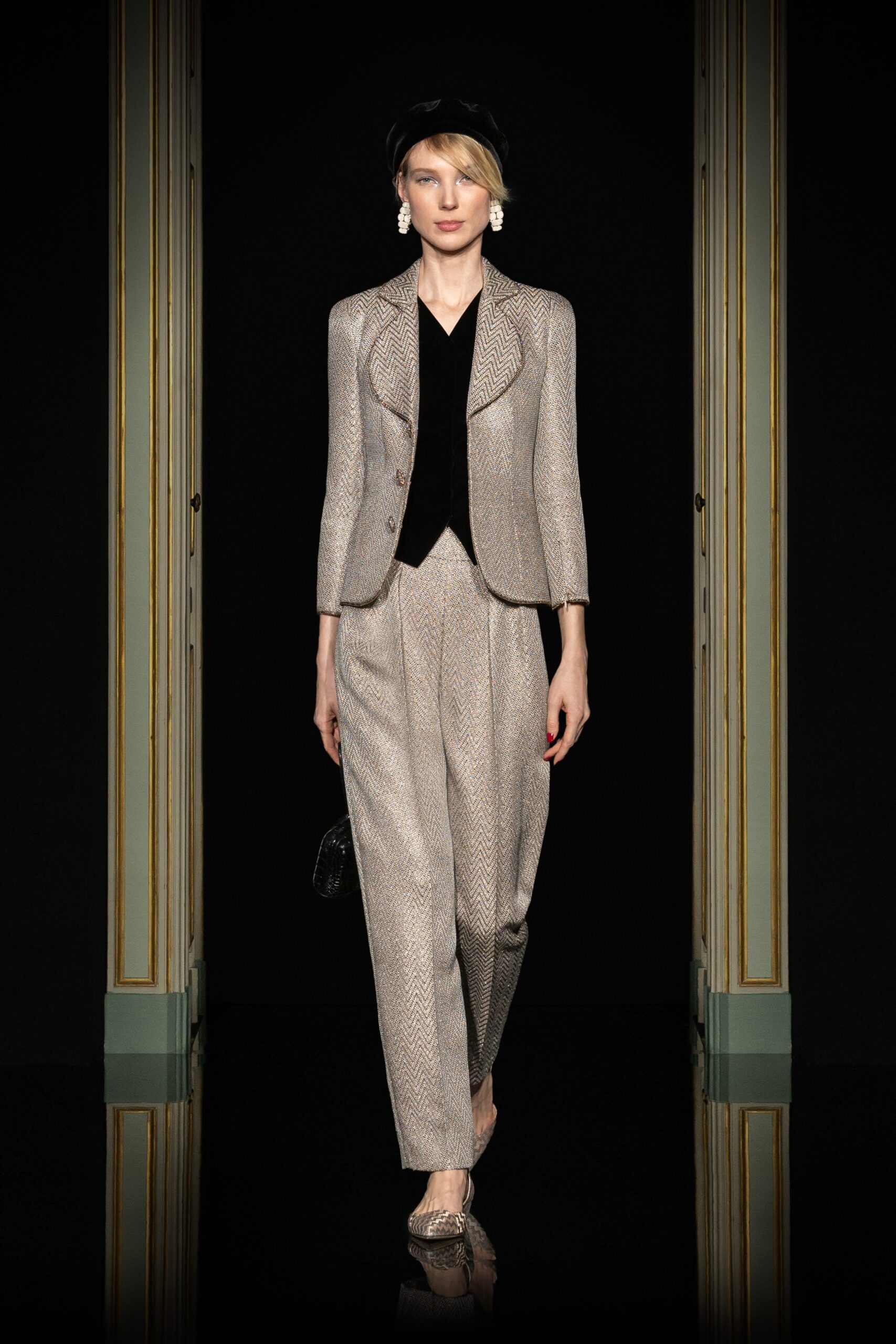 beige silk tailored blazer and pants