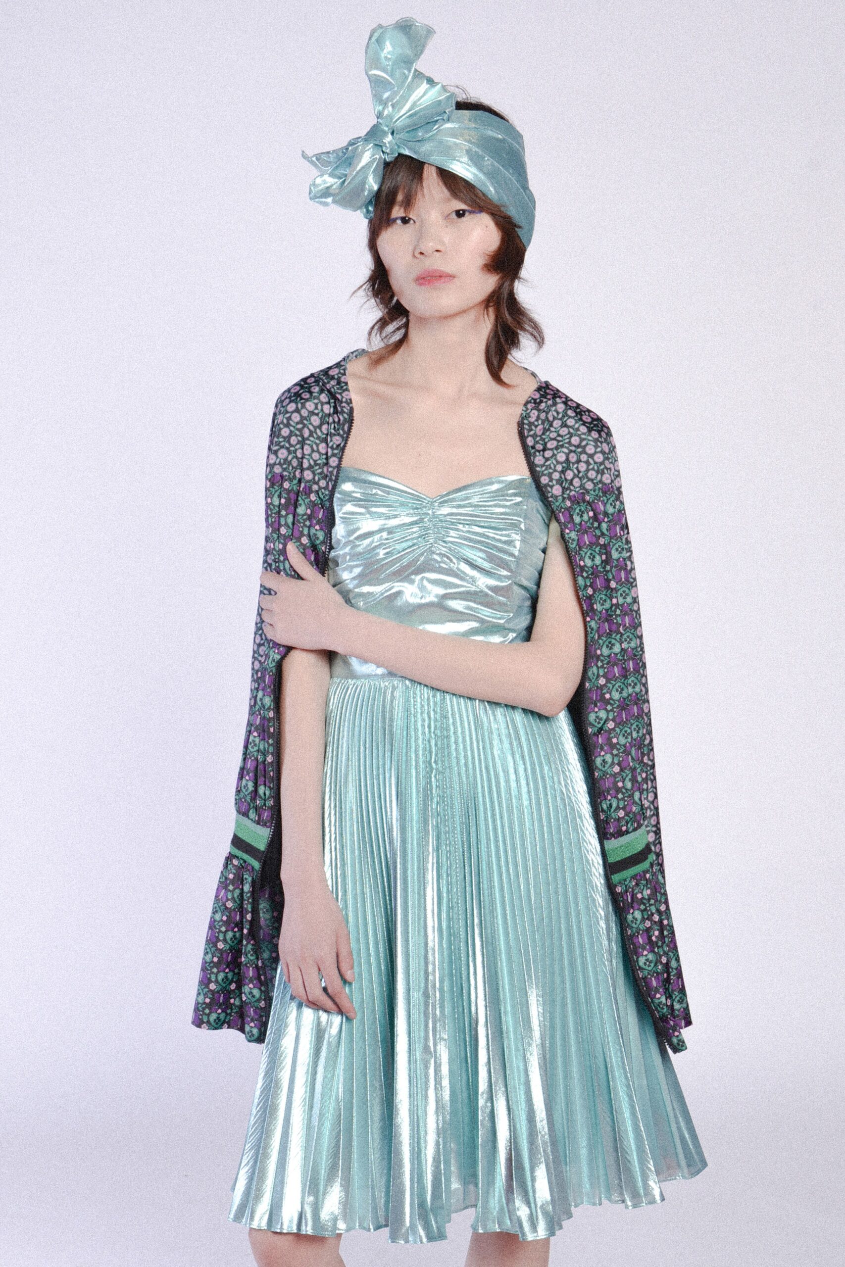 aqua pleated midi dress with floral cape