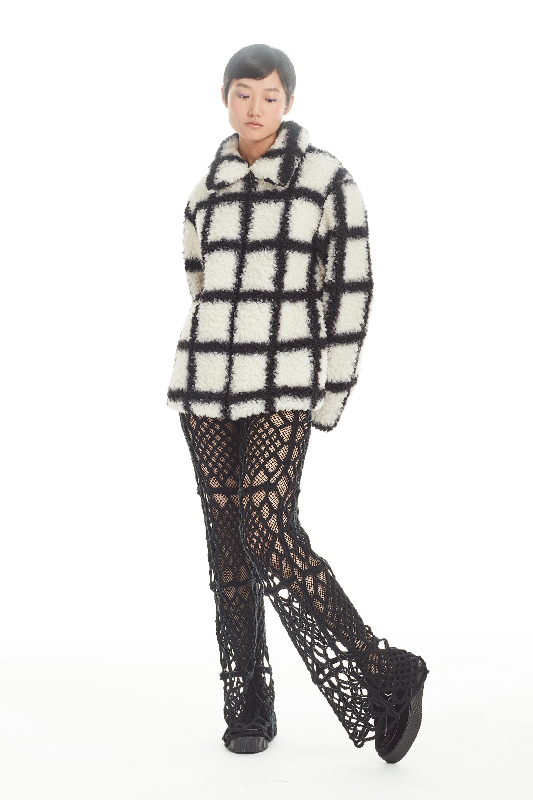 checked faux-fur jacket with mesh pants