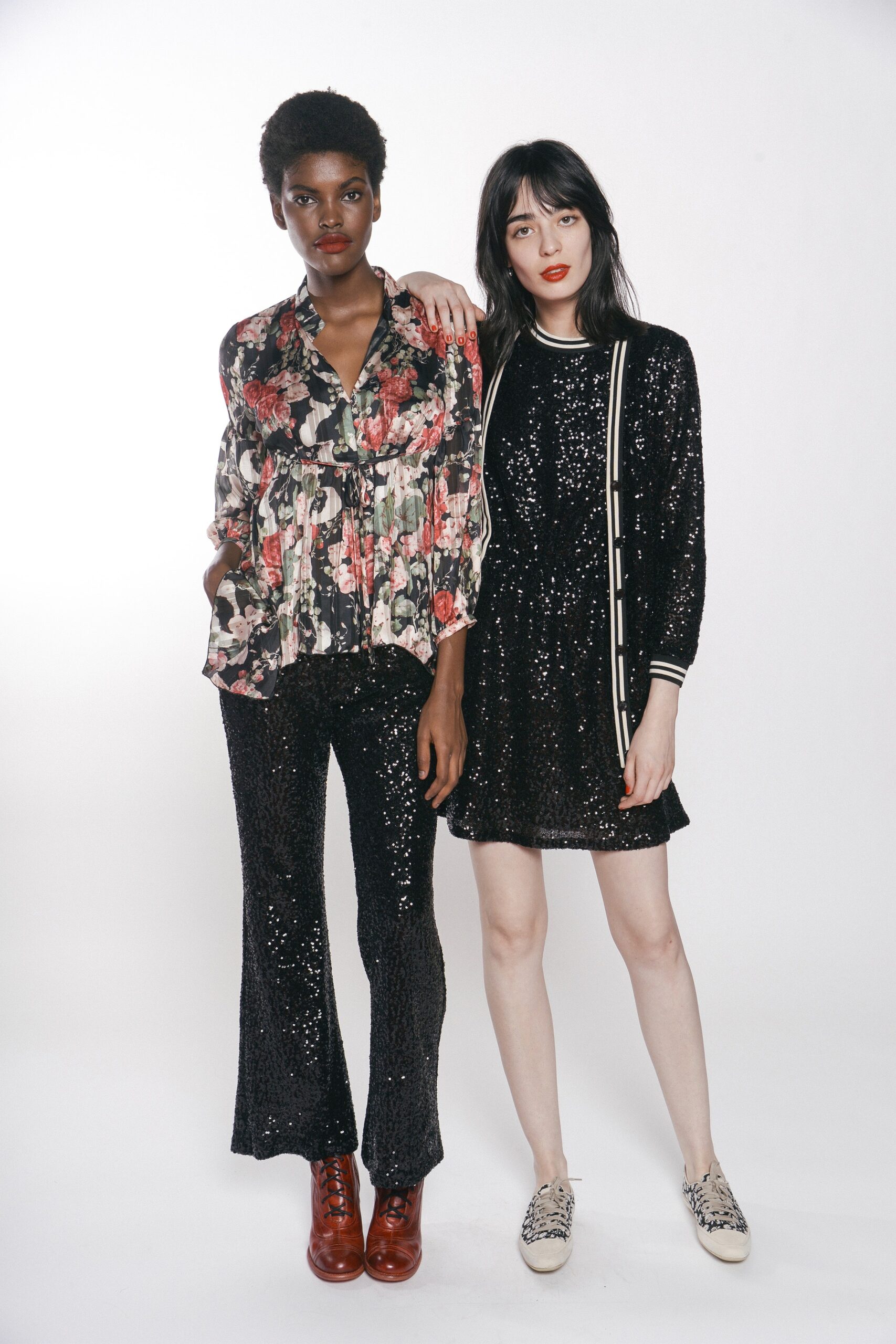 floral blouse with sequined pants and dress