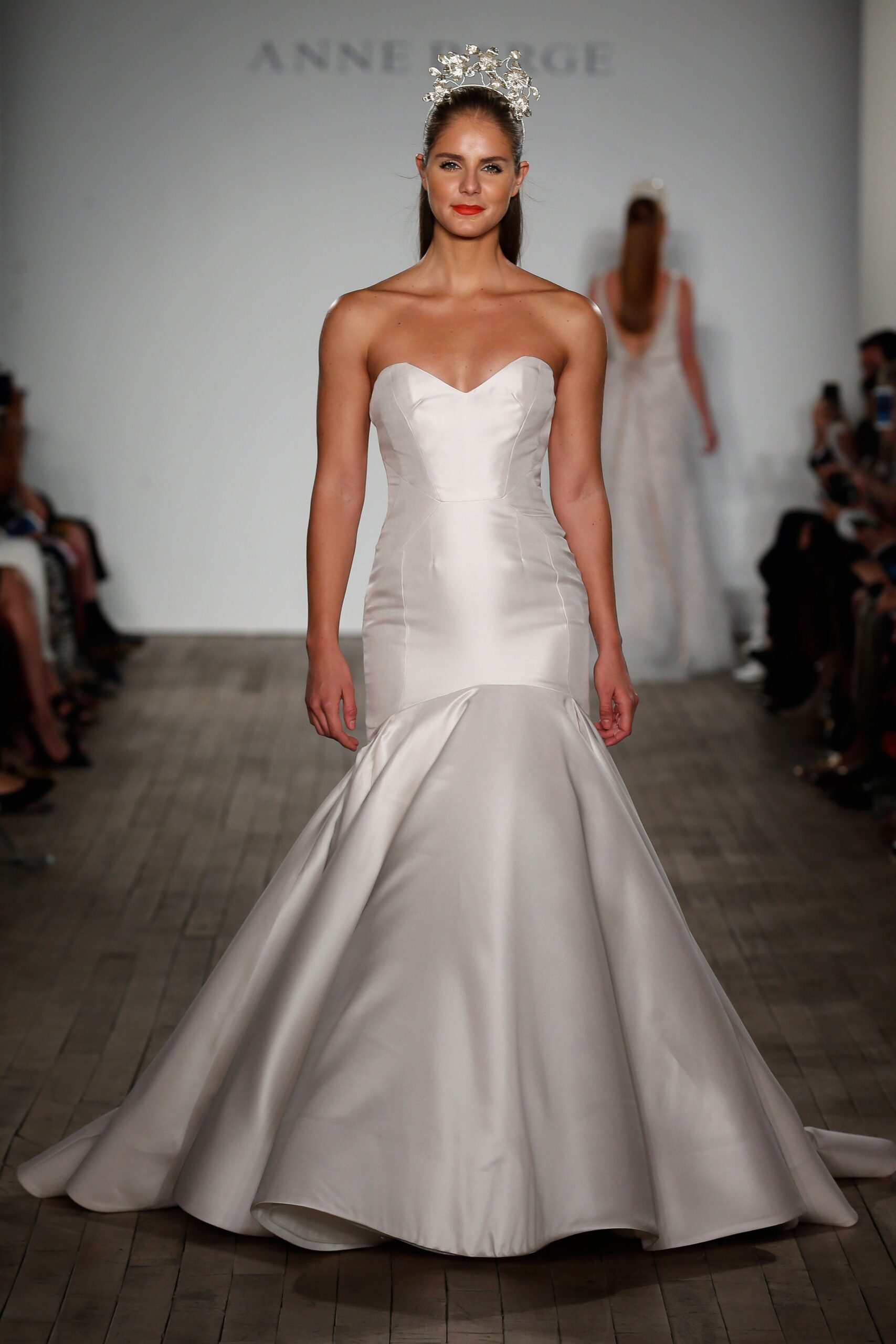 white silk strapless gown