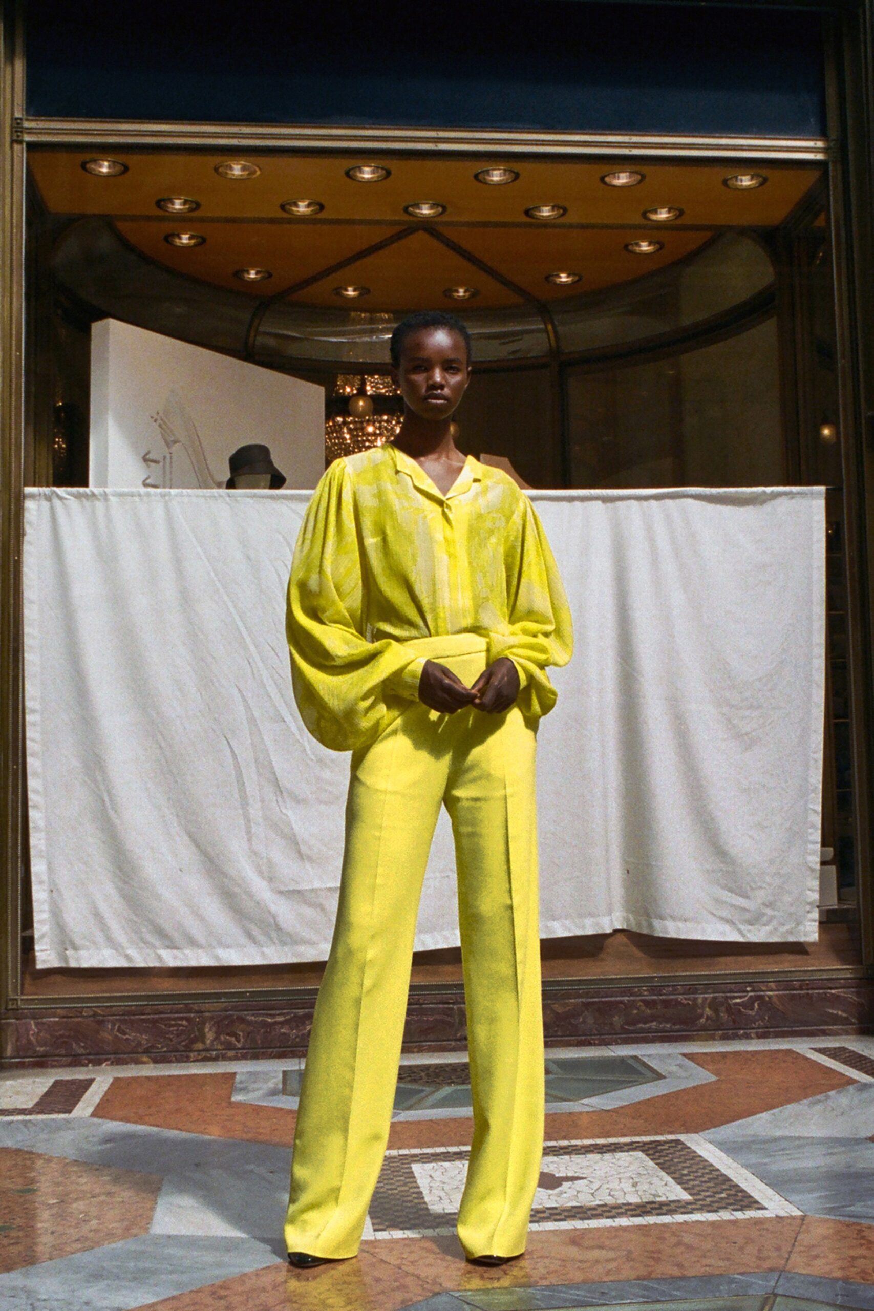 yellow silk blouse and pants