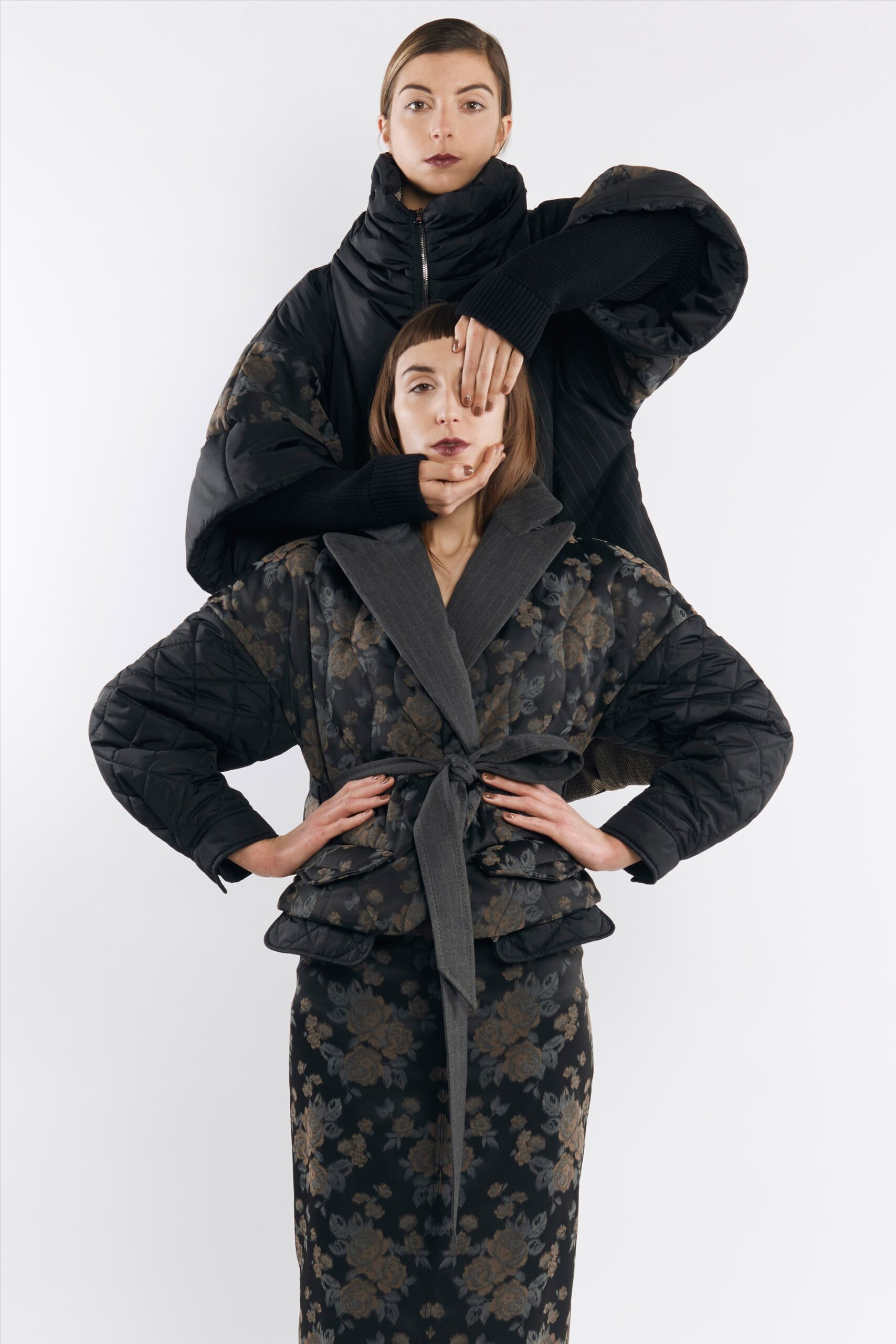 black floral coat and oversized jacket