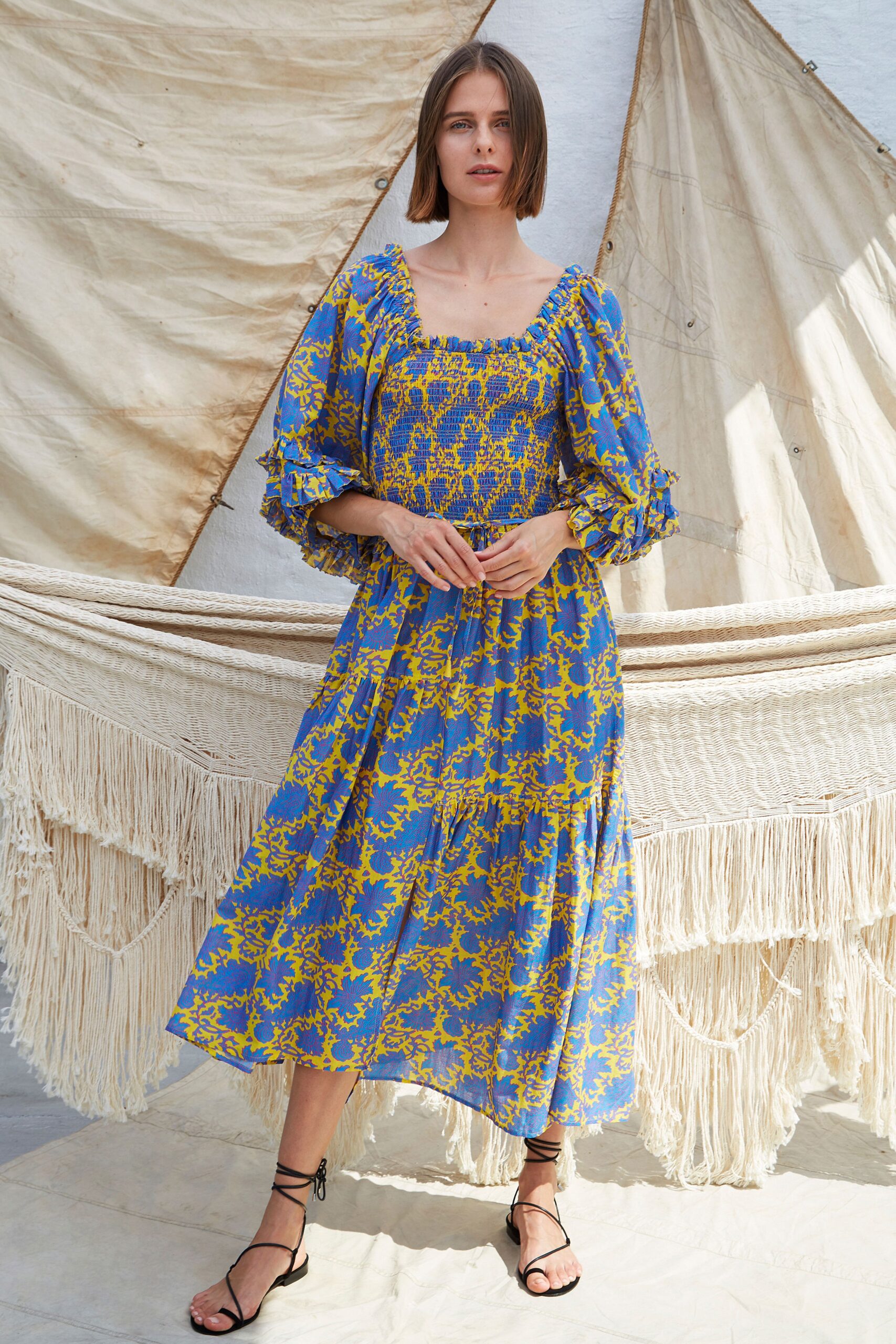 blue and yellow tiered dress