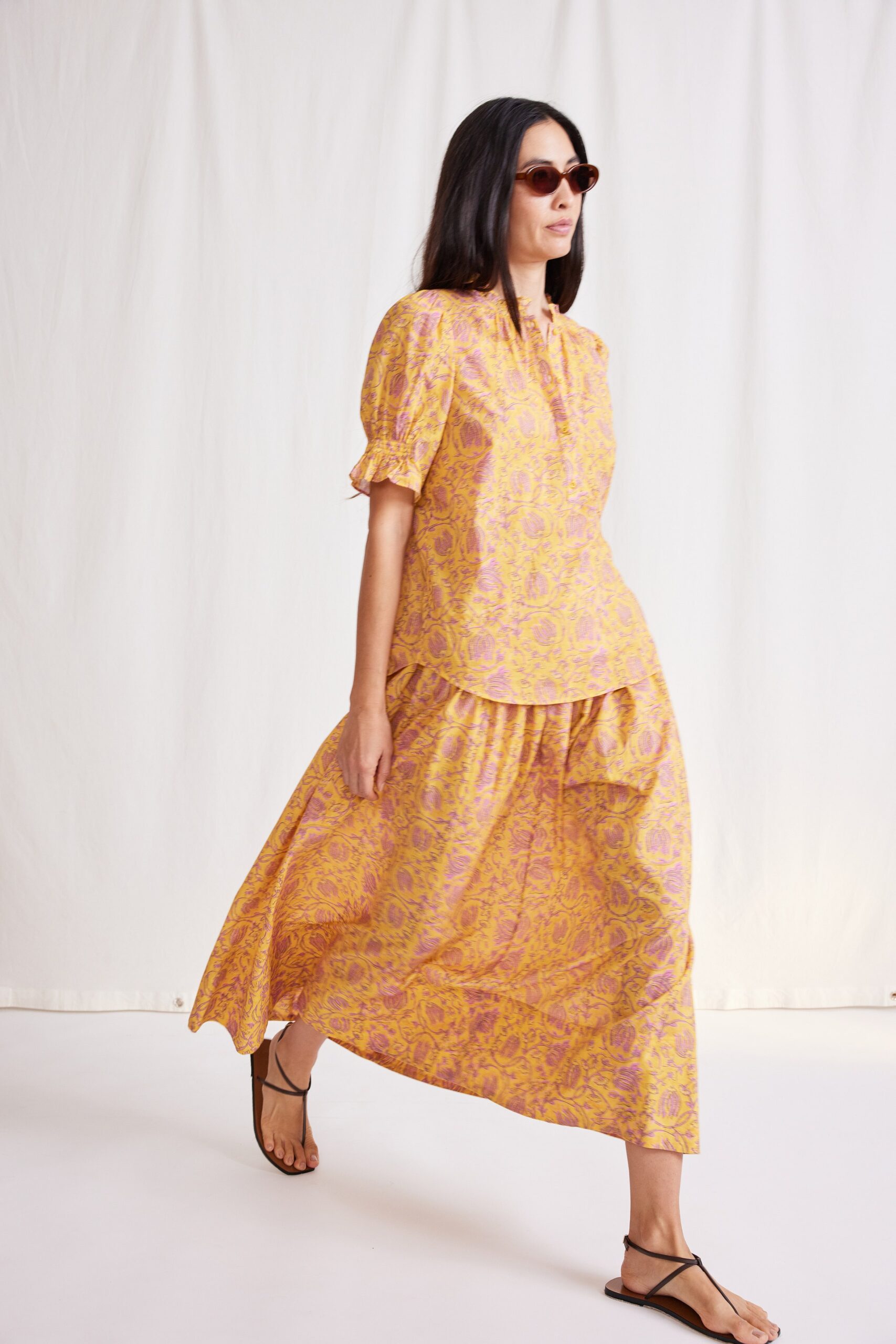 yellow pink printed top and maxi skirt