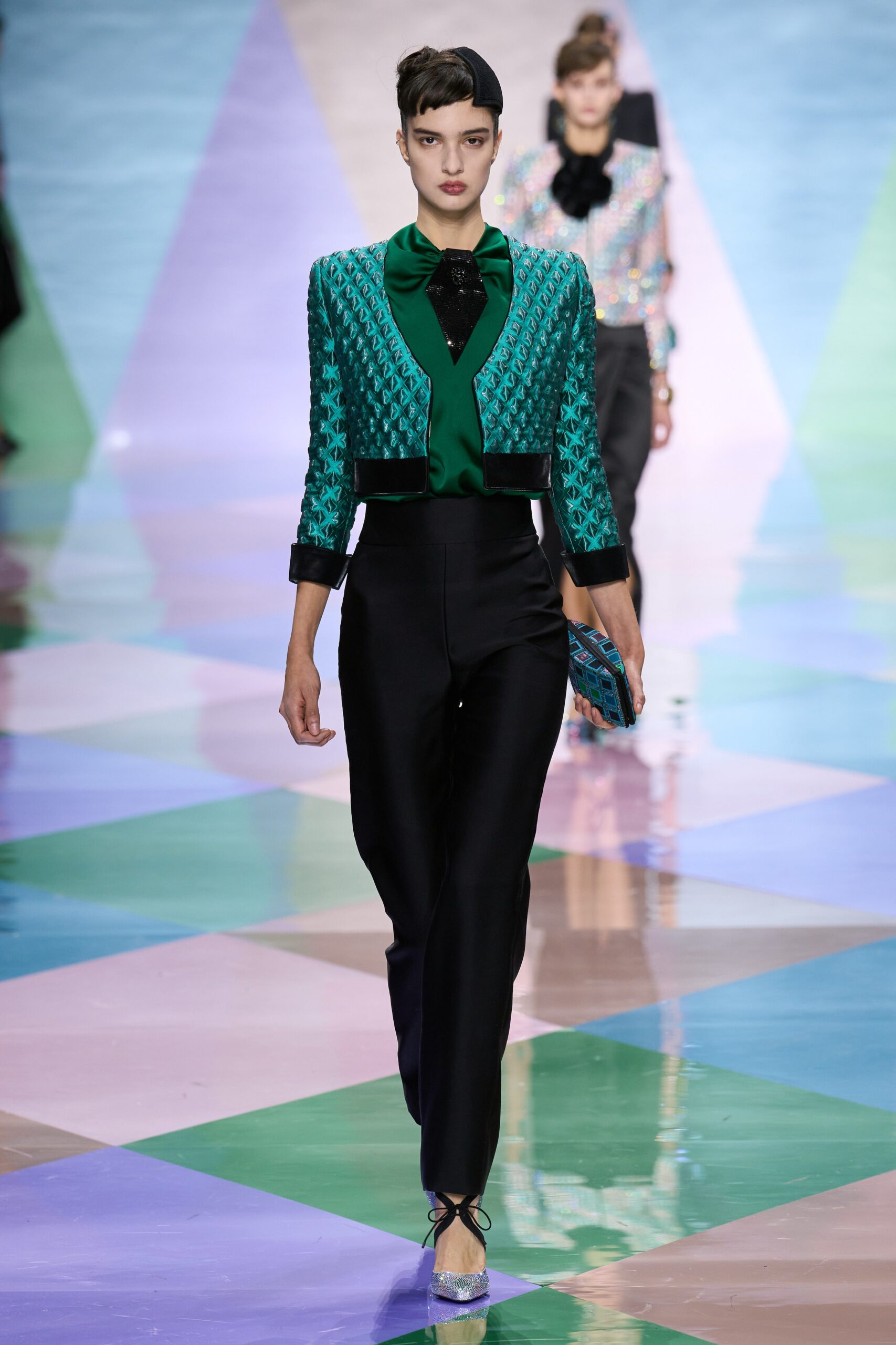 fitted green embroidered blazer with black pants