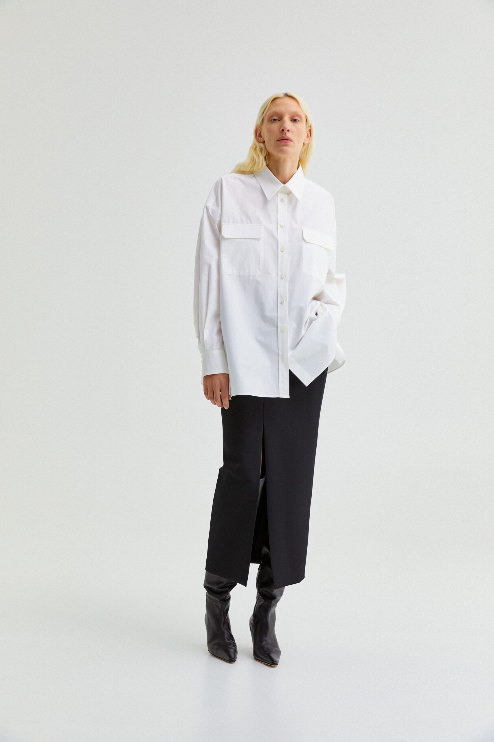 oversized white shirt black skirt