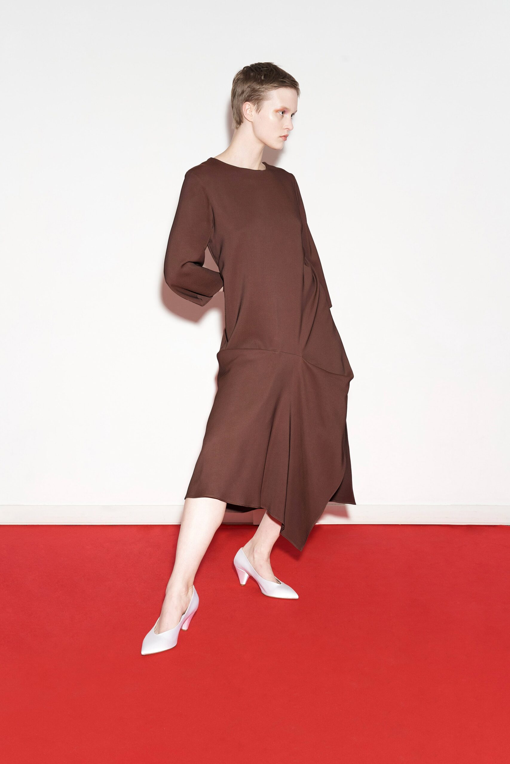 brown midi dress with white shoes
