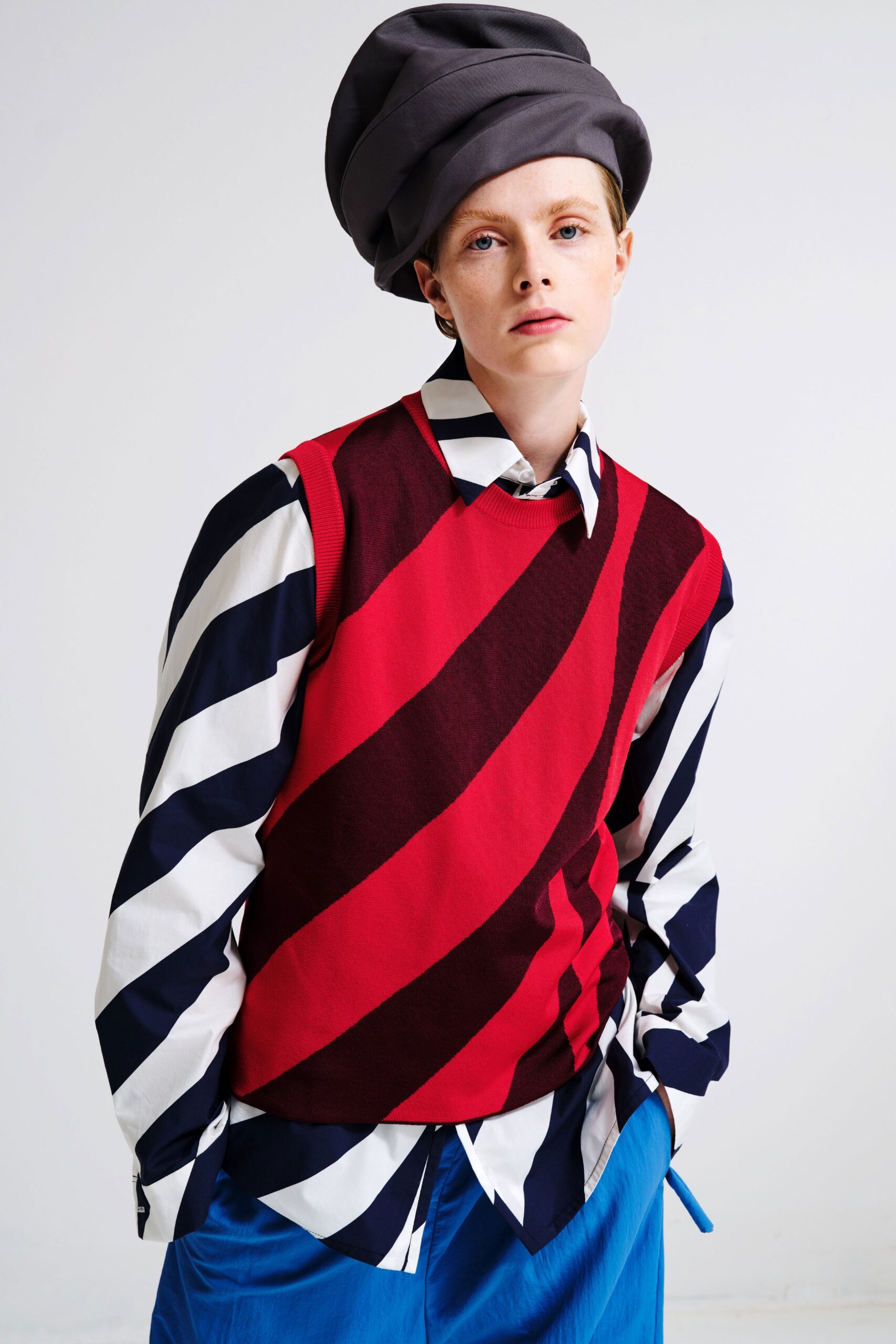 red and black striped top with vest