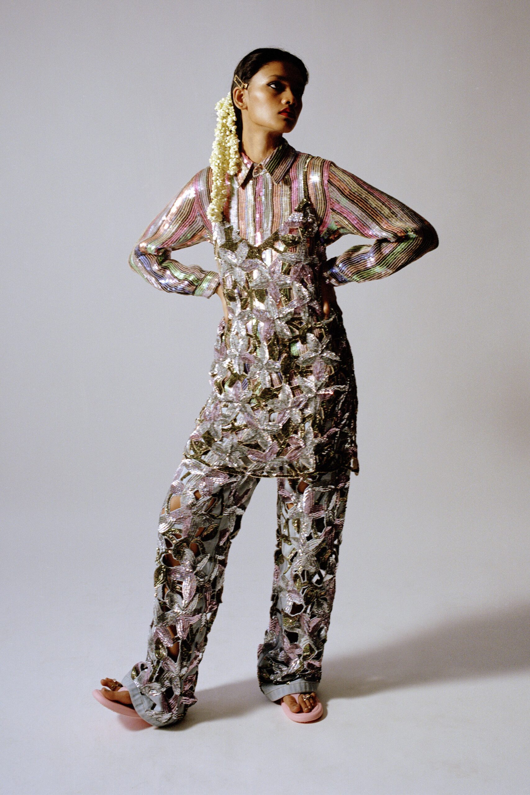 multi cotton long-sleeve collared relaxed layered embroidered jumpsuit