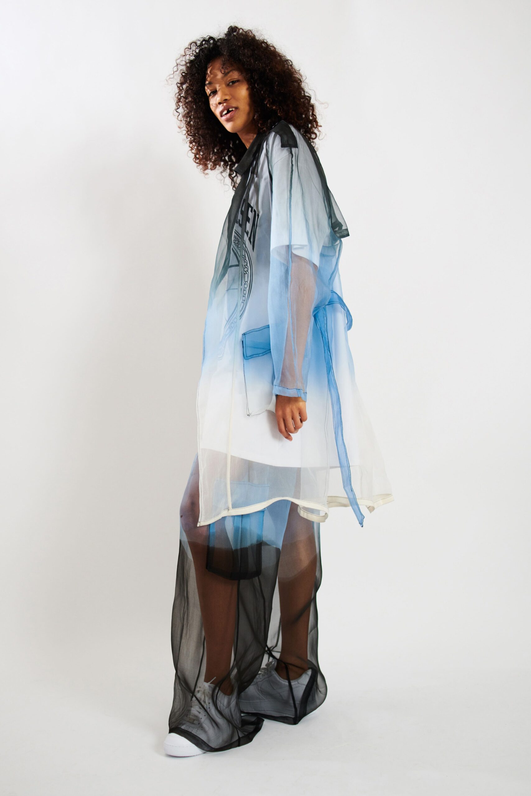 blue chiffon long-sleeve collared relaxed layered printed coat