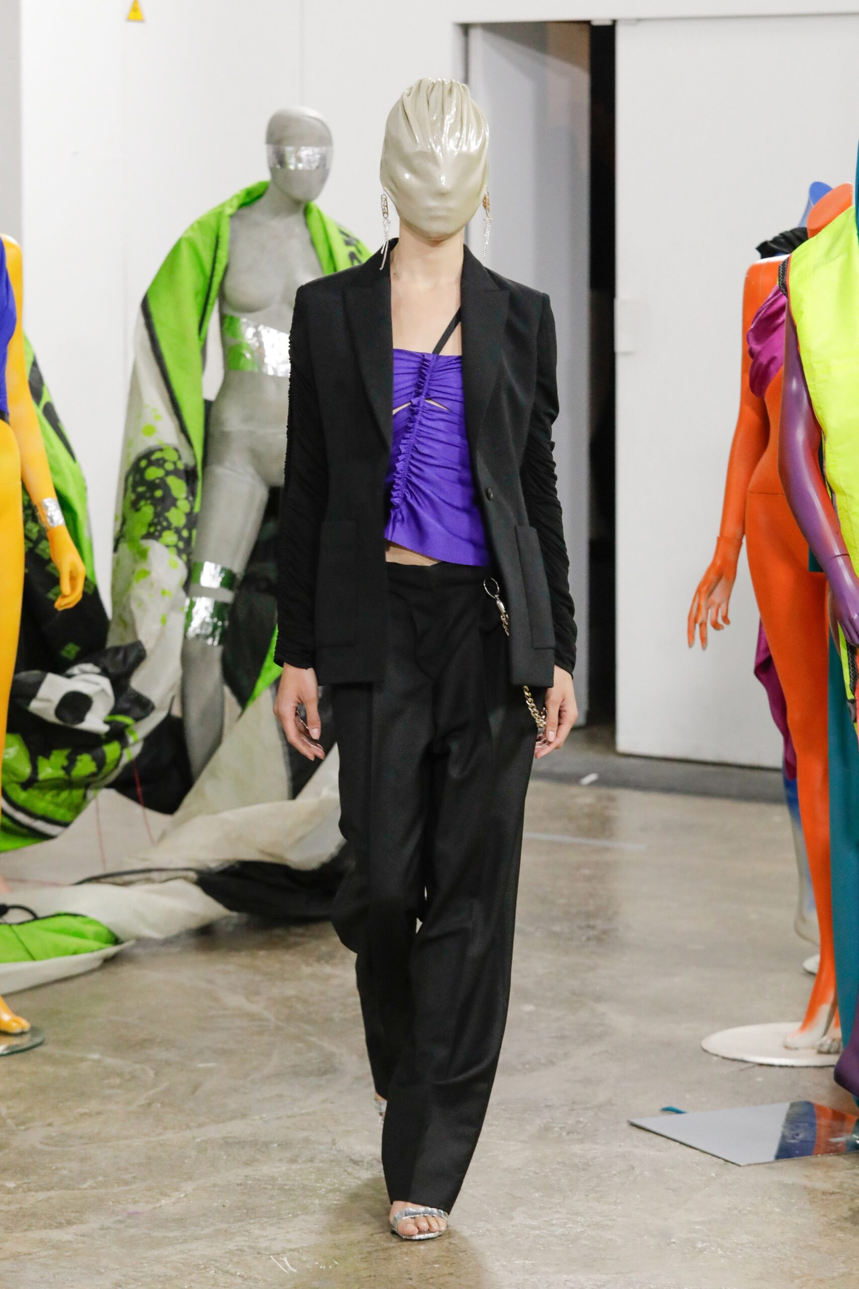 black tailored blazer with purple top