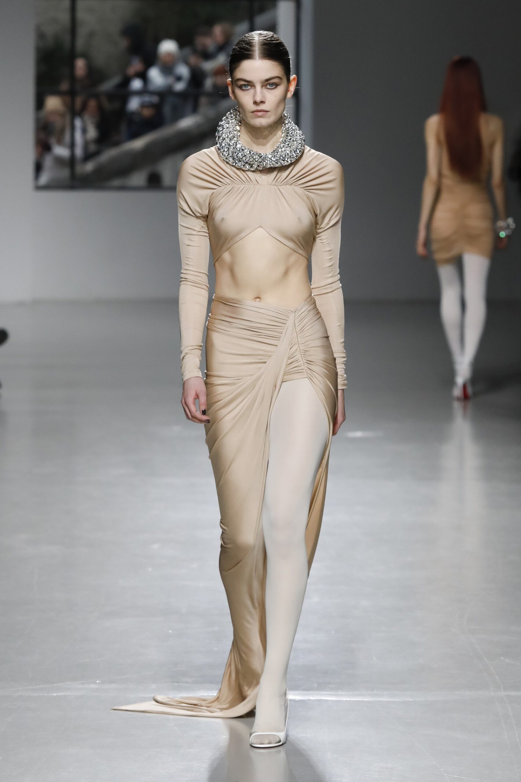 fitted beige silk dress