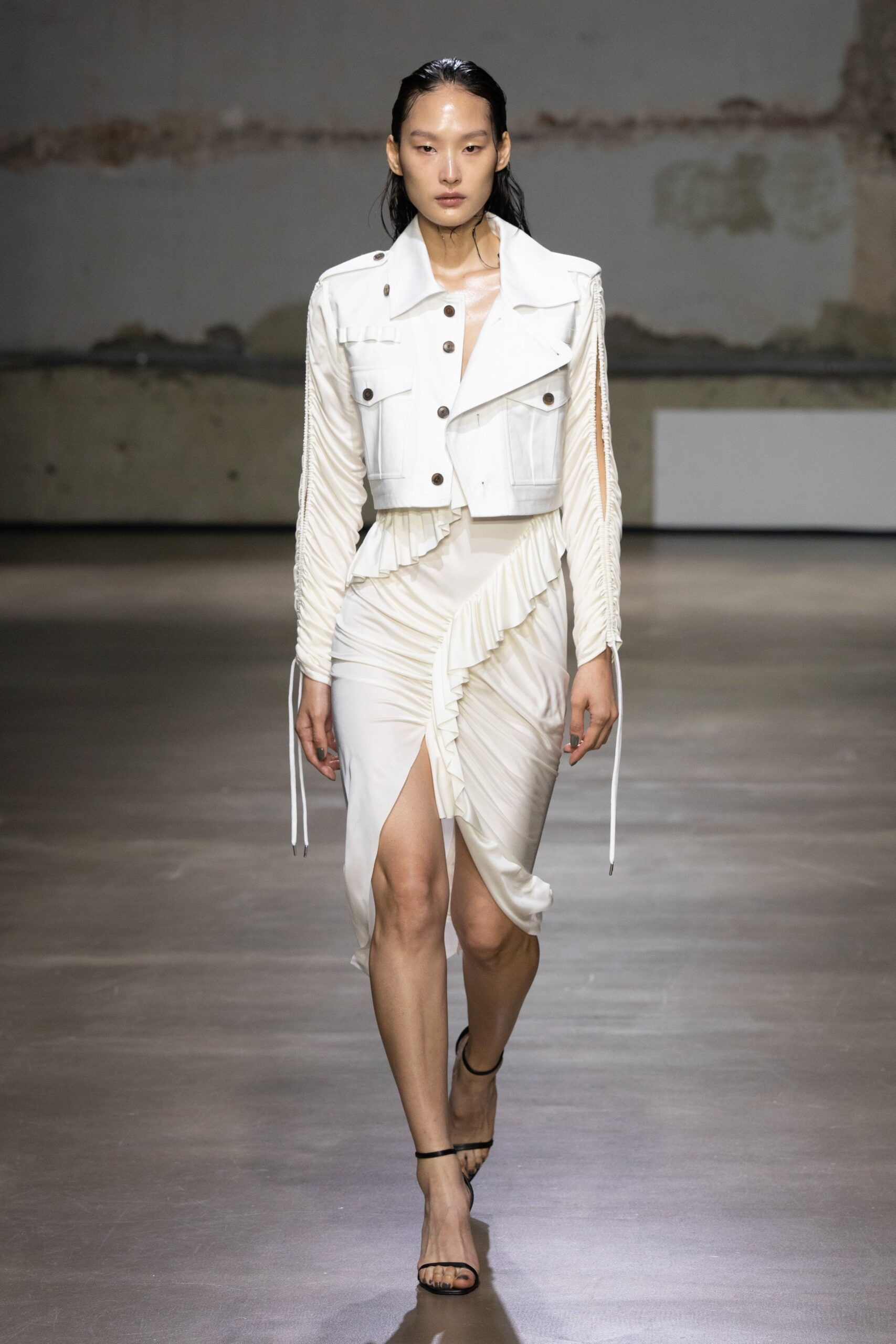 white fitted jacket and dress