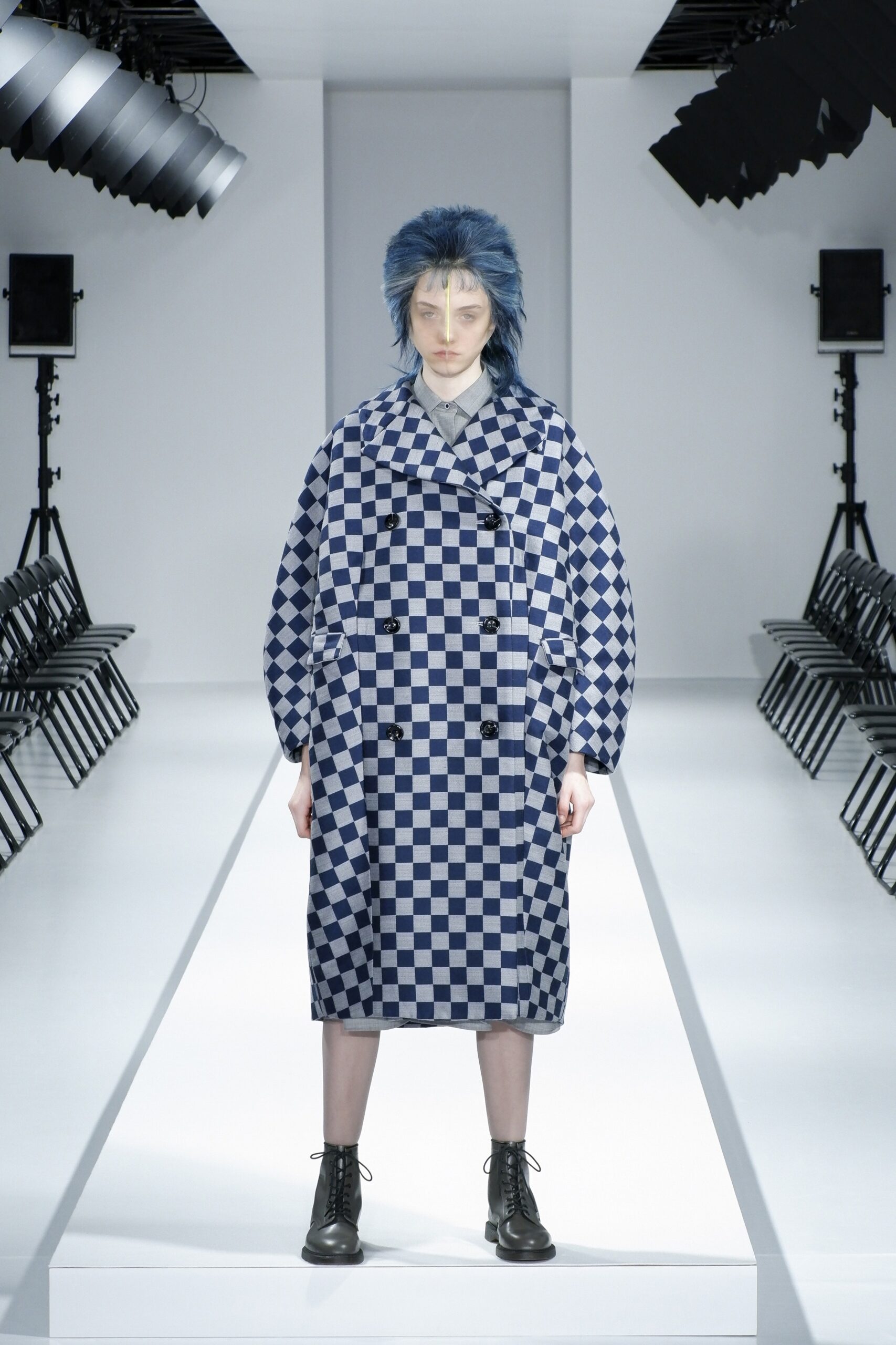 oversized blue and white checked coat