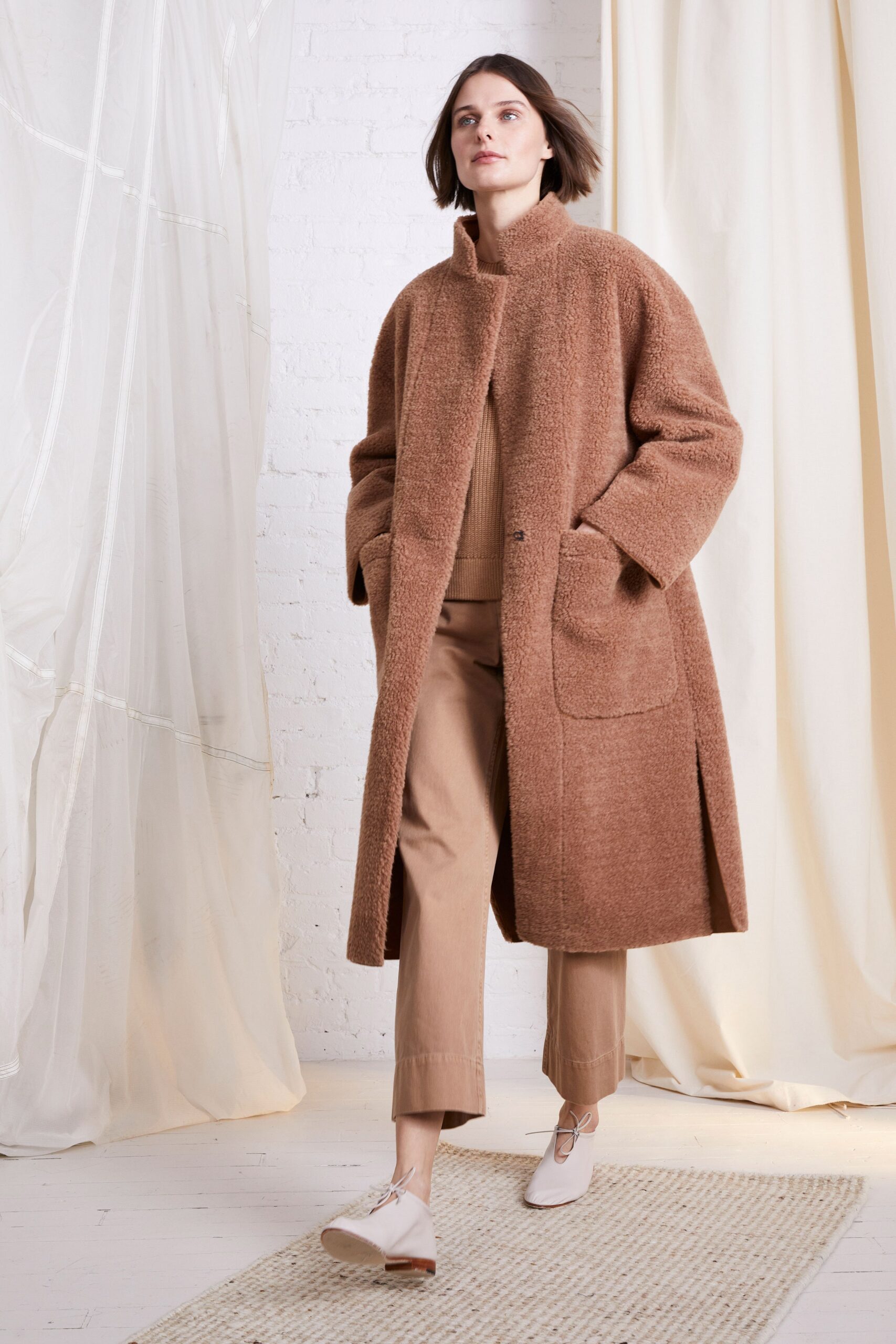 brown wool coat with beige top