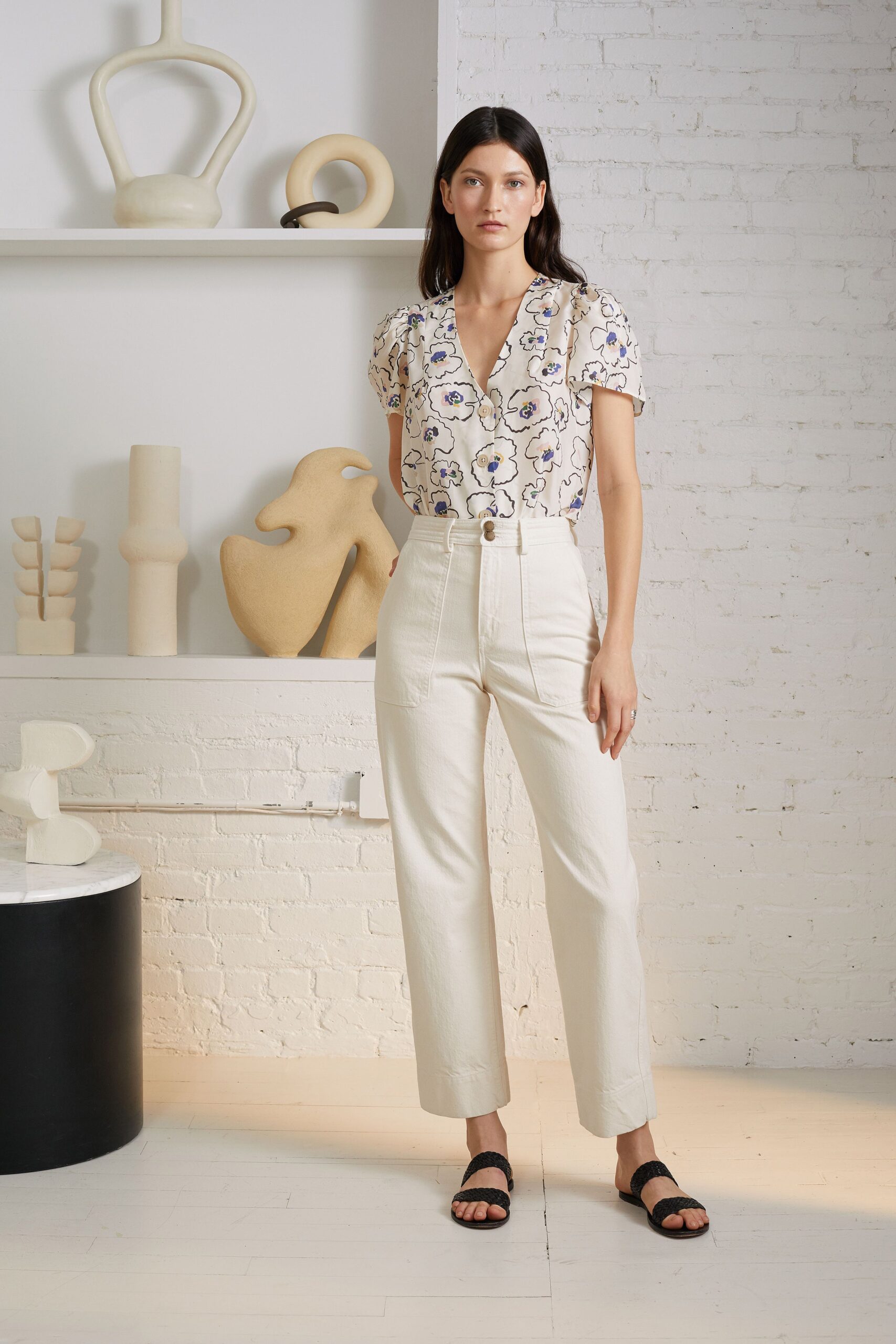 floral top with tailored pants