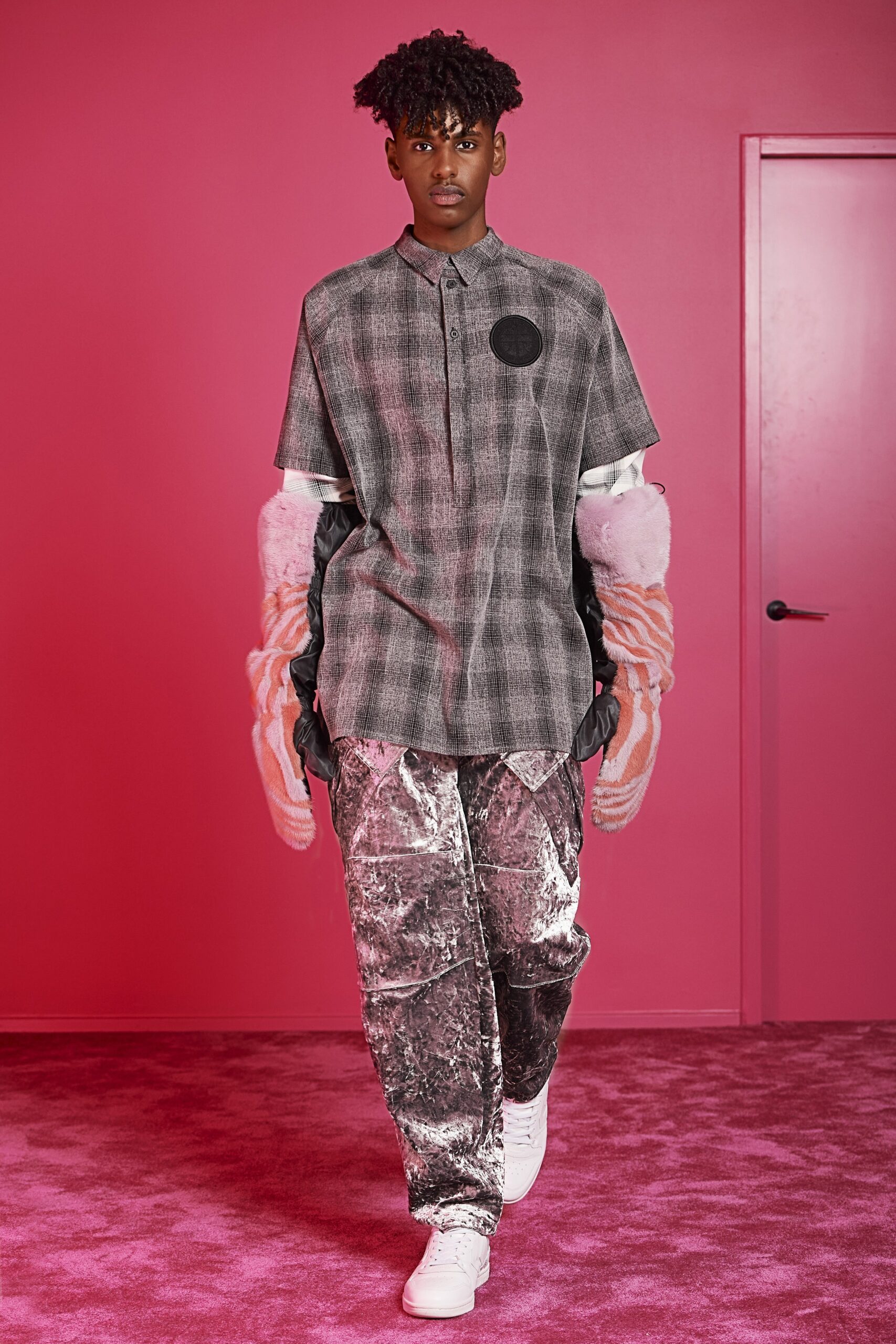 gray checked shirt with velvet pants