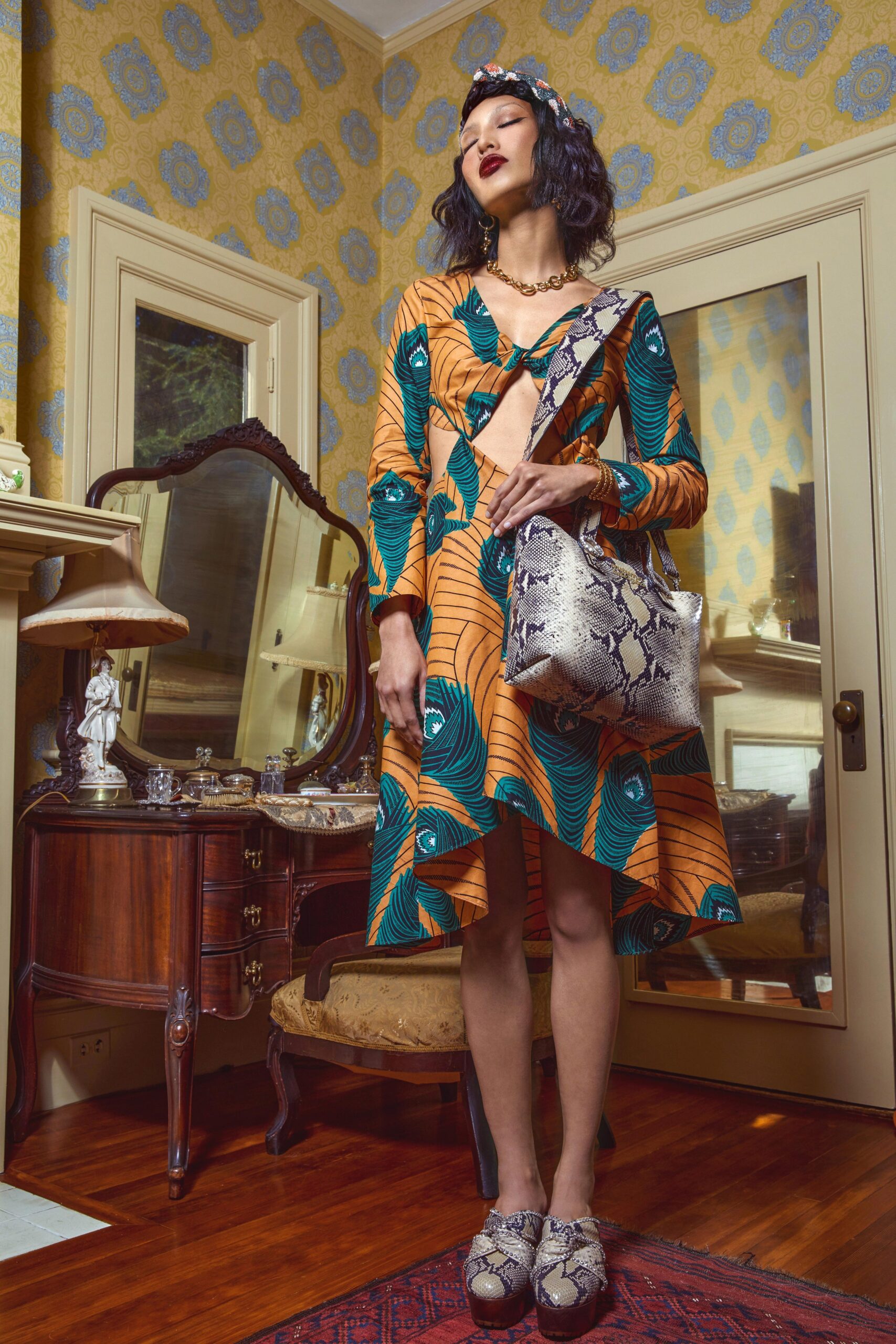 orange cotton long-sleeve v-neck fitted printed midi dress