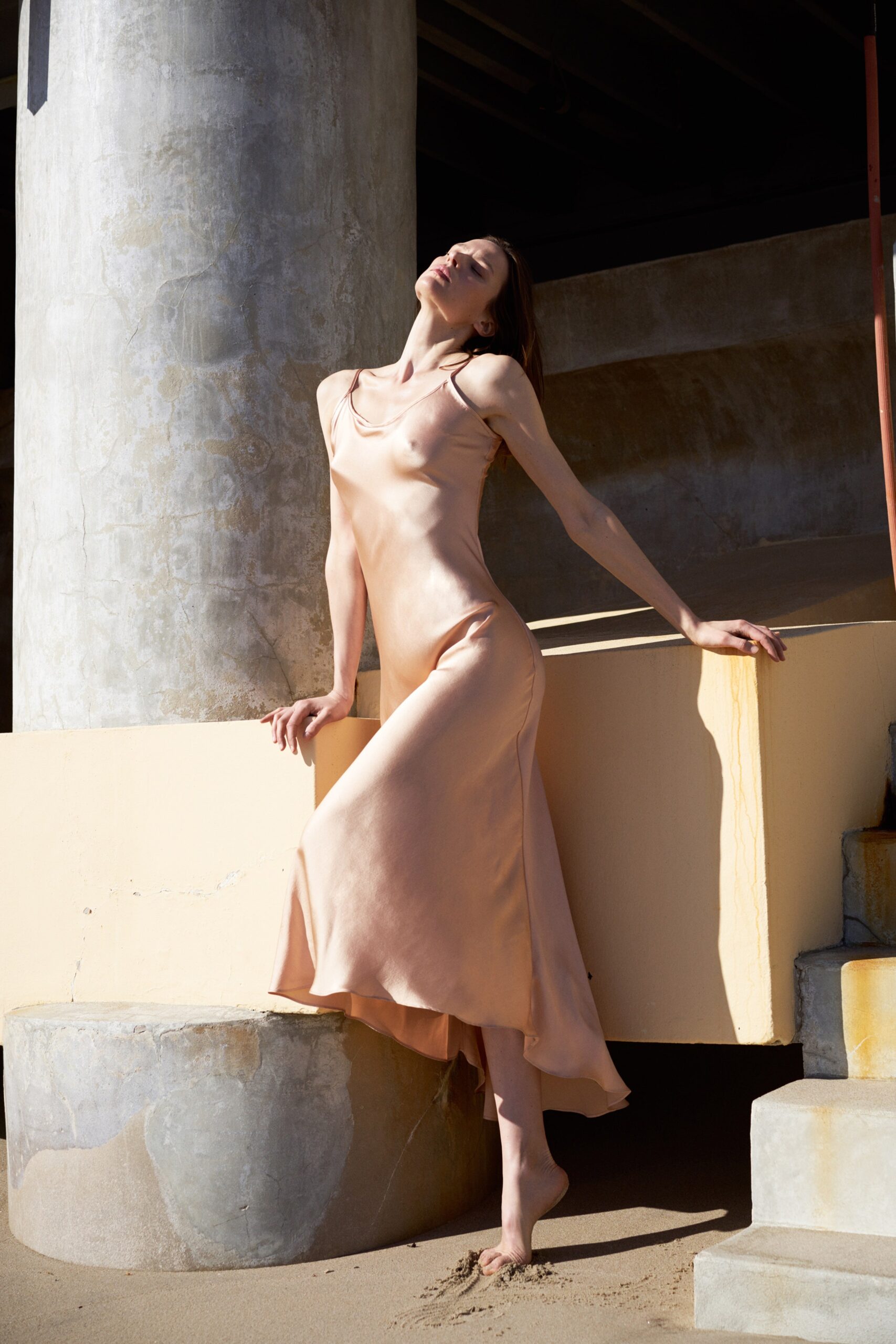beige silk sleeveless dress