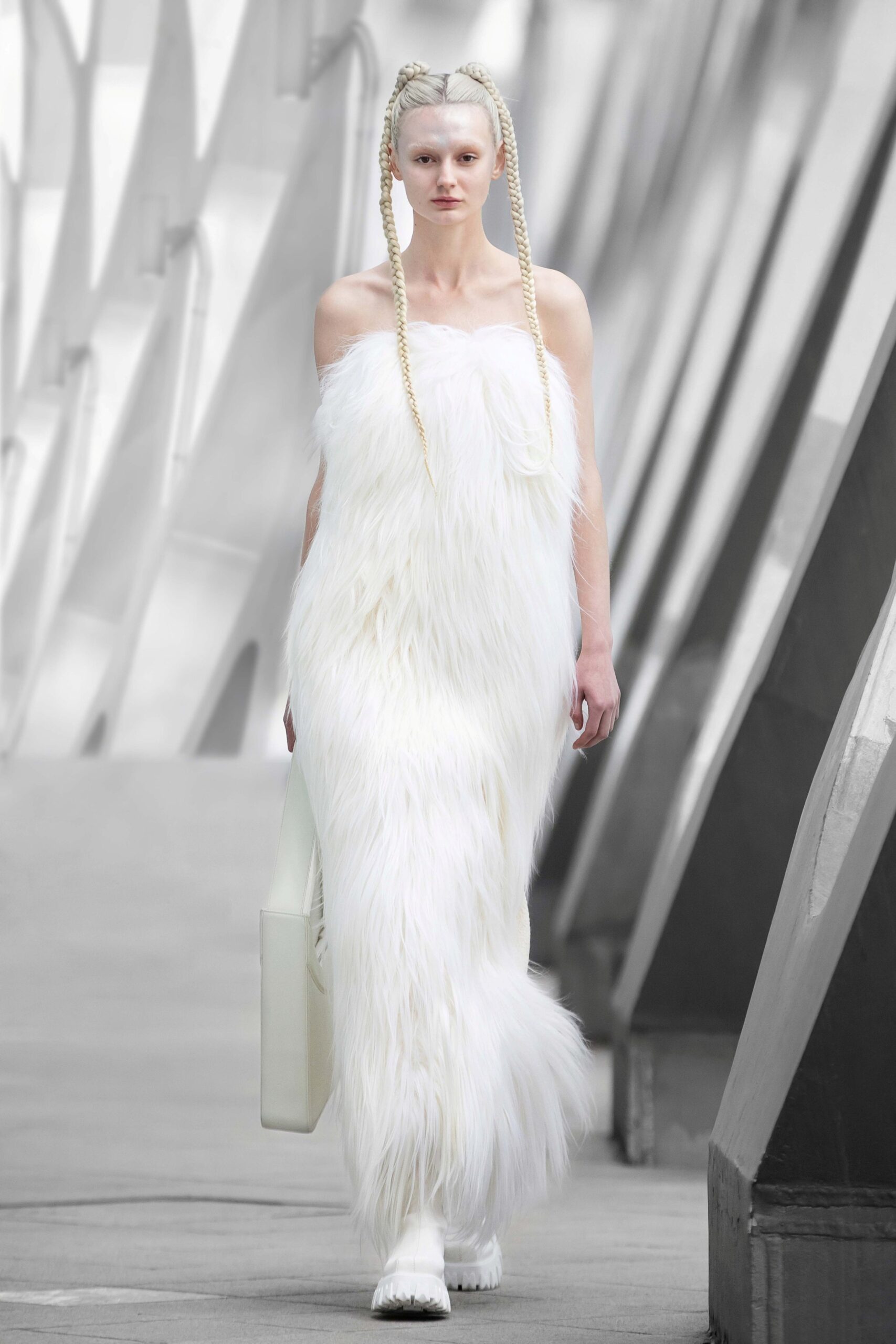 white fur fitted gown
