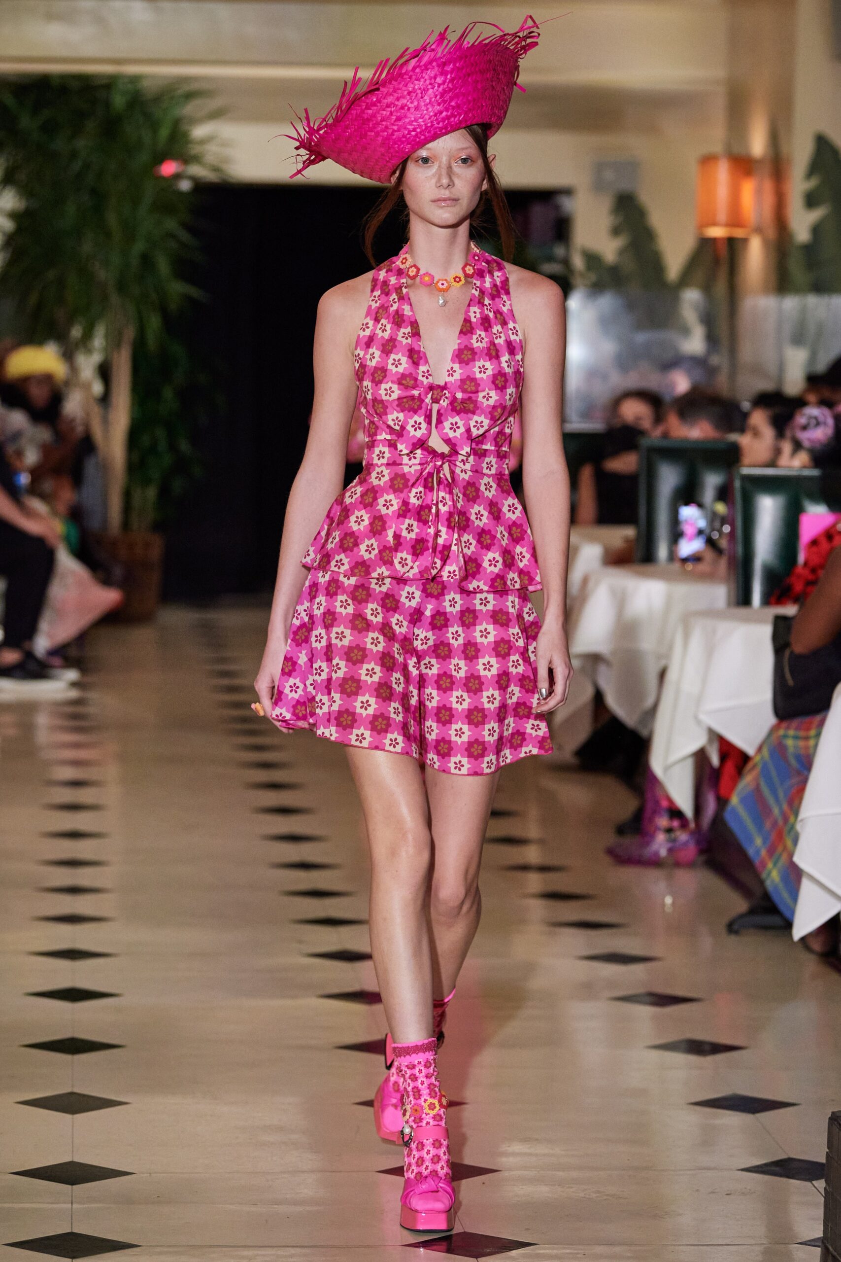 pink cotton sleeveless v-neck fitted flared mini dress