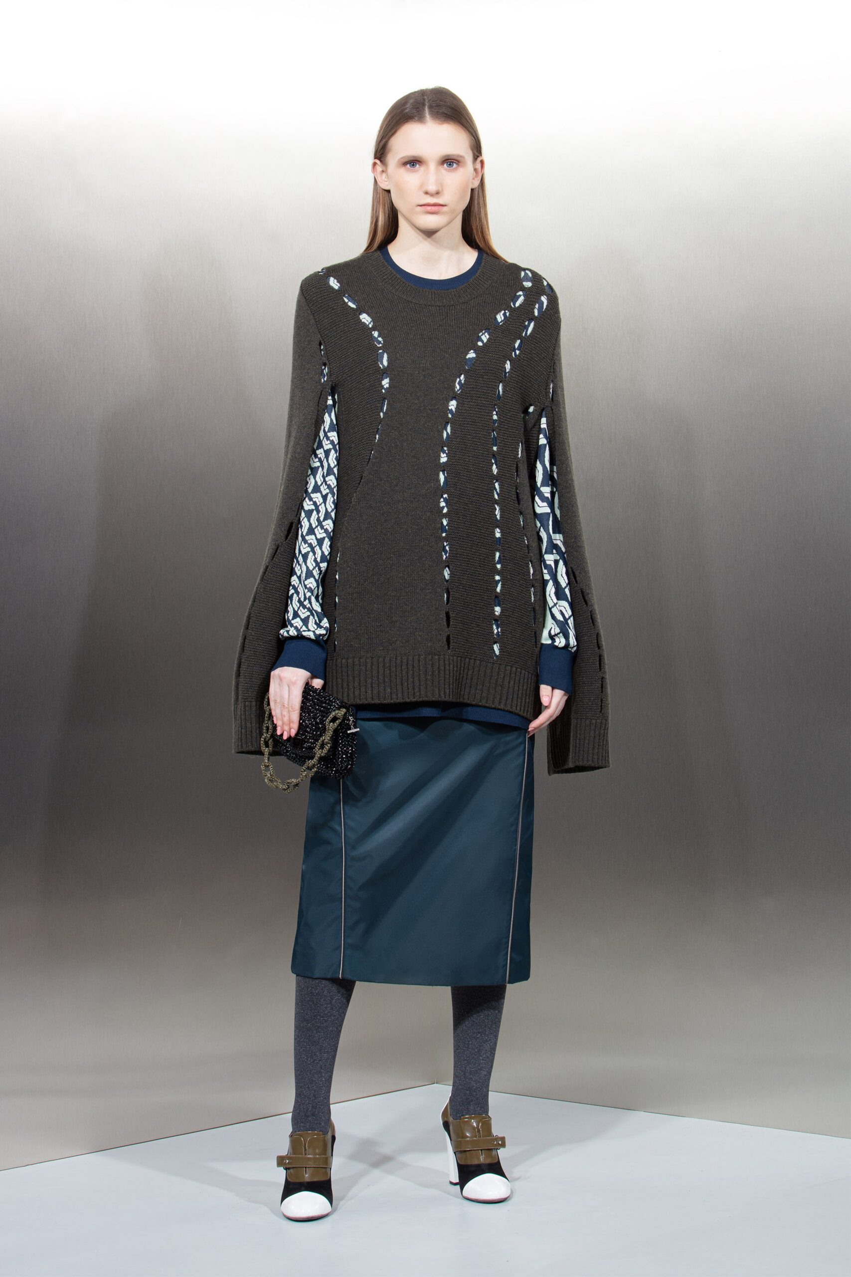 oversized gray sweater with blue skirt