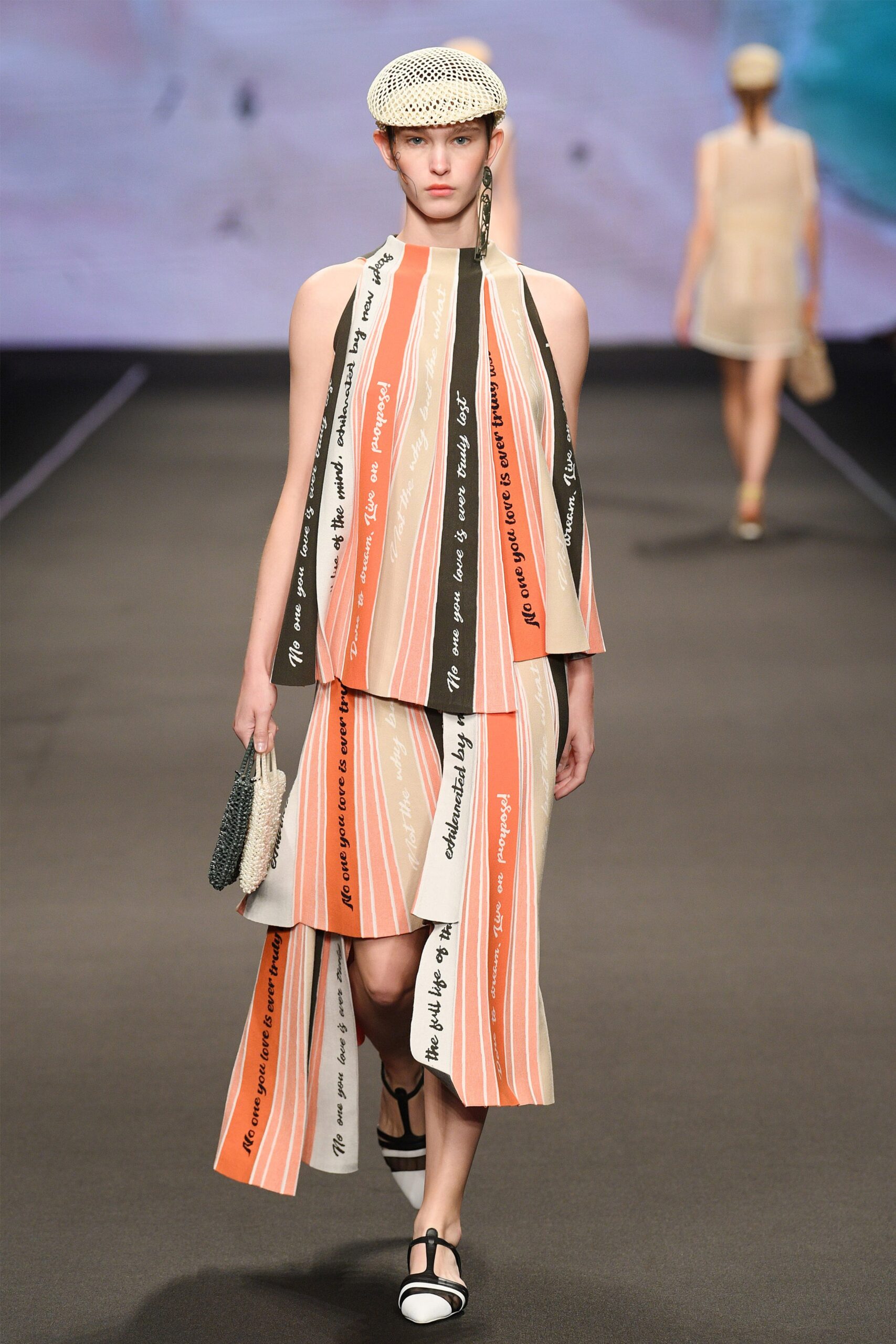 orange cotton sleeveless high-neck fitted layered printed dress