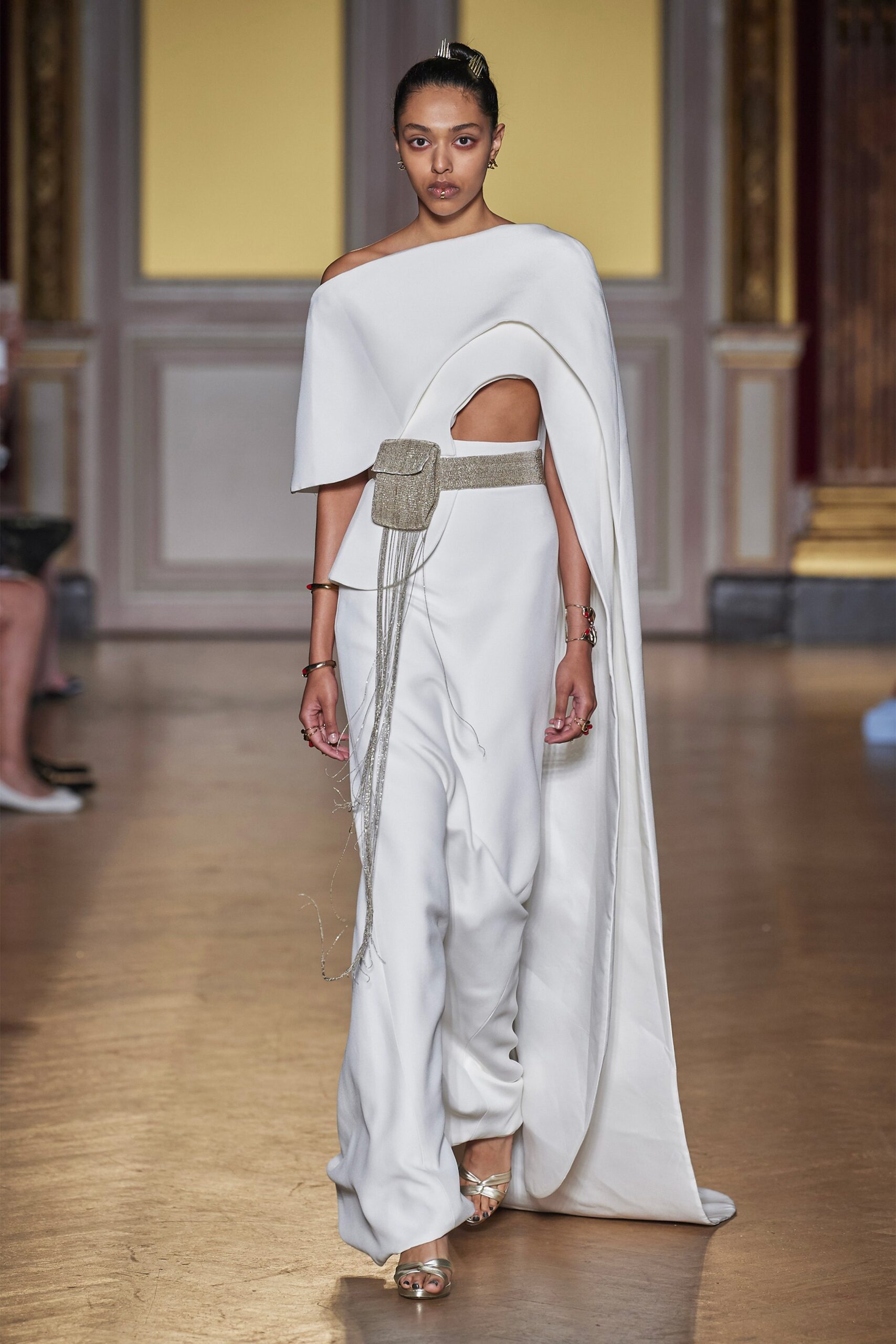 white silk off-shoulder dress