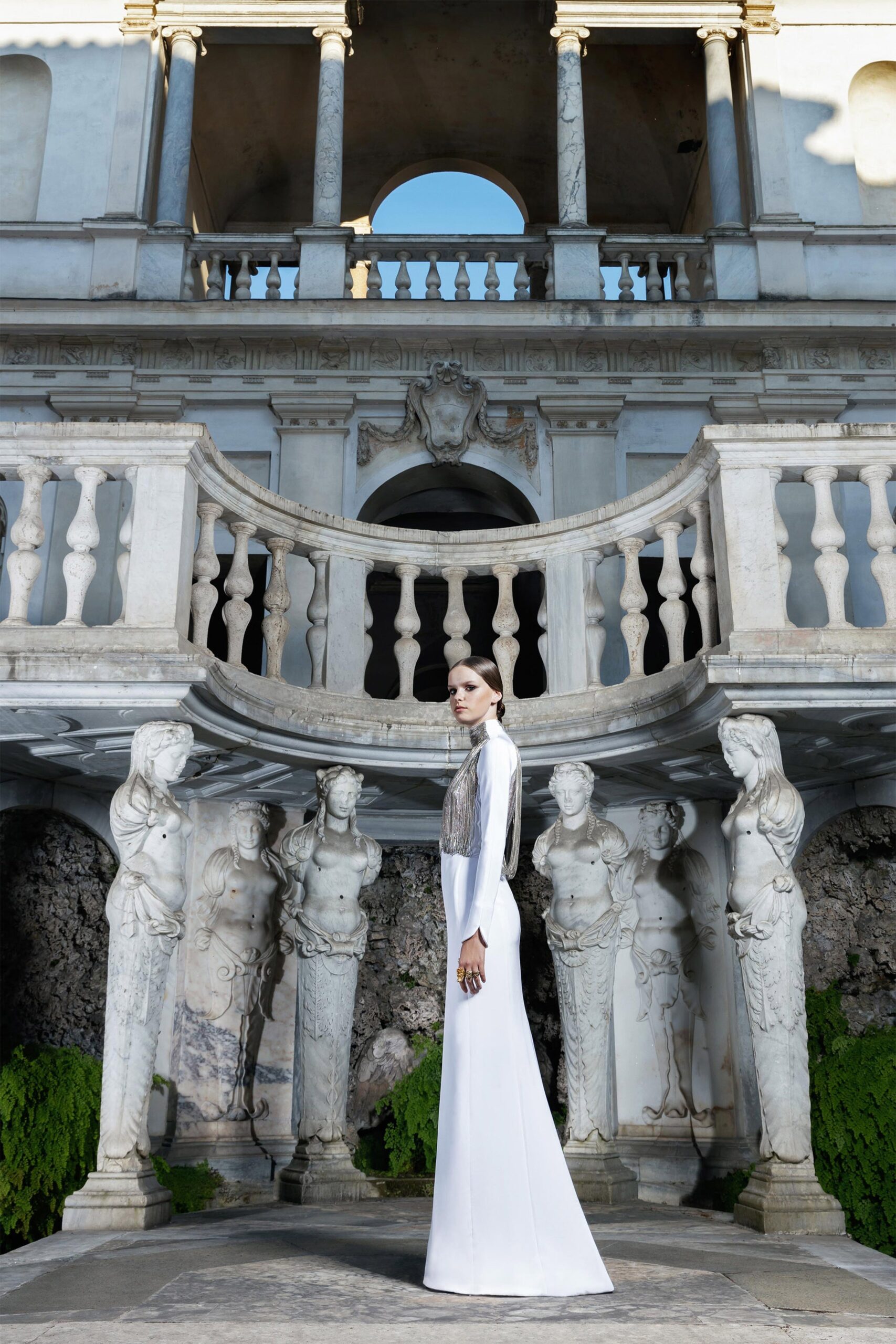 white silk fitted gown