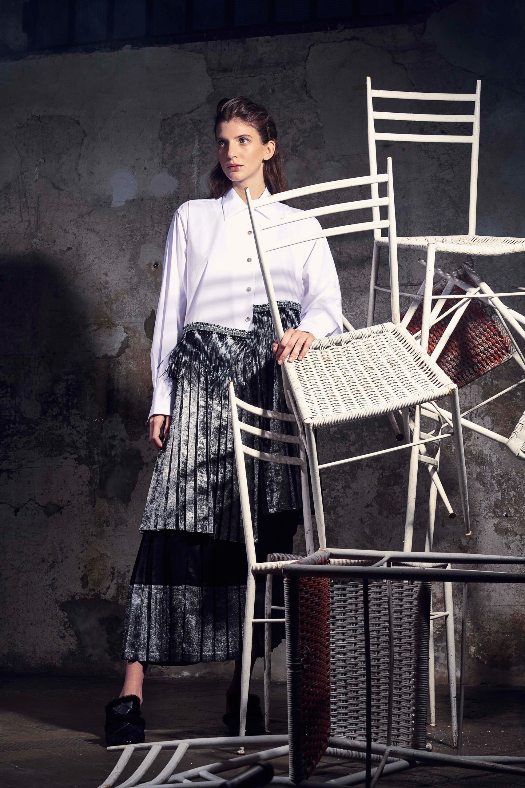 white fitted shirt and pleated skirt
