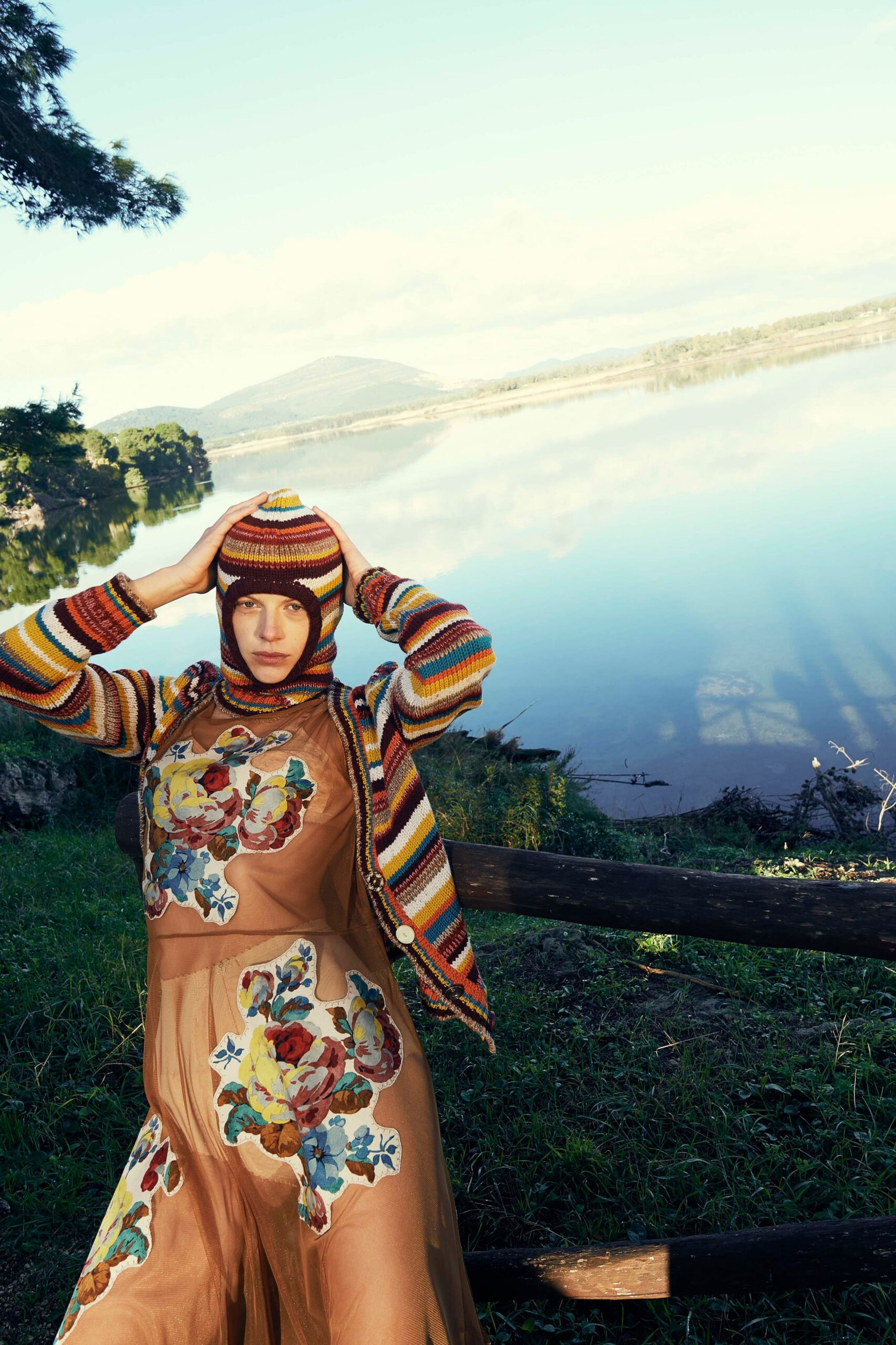 floral maxi dress with striped cardigan