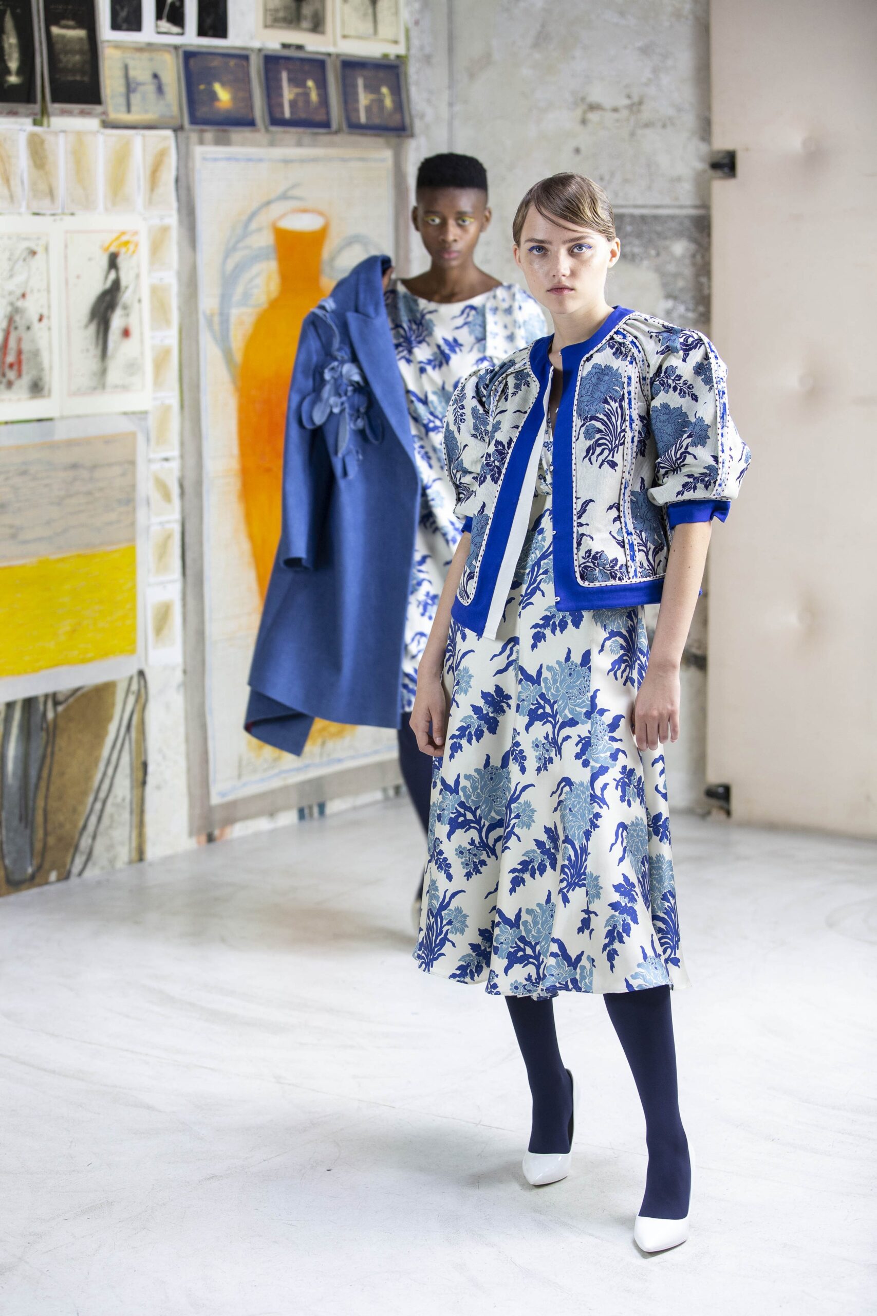 blue cotton long-sleeve collared structured embroidered jacket