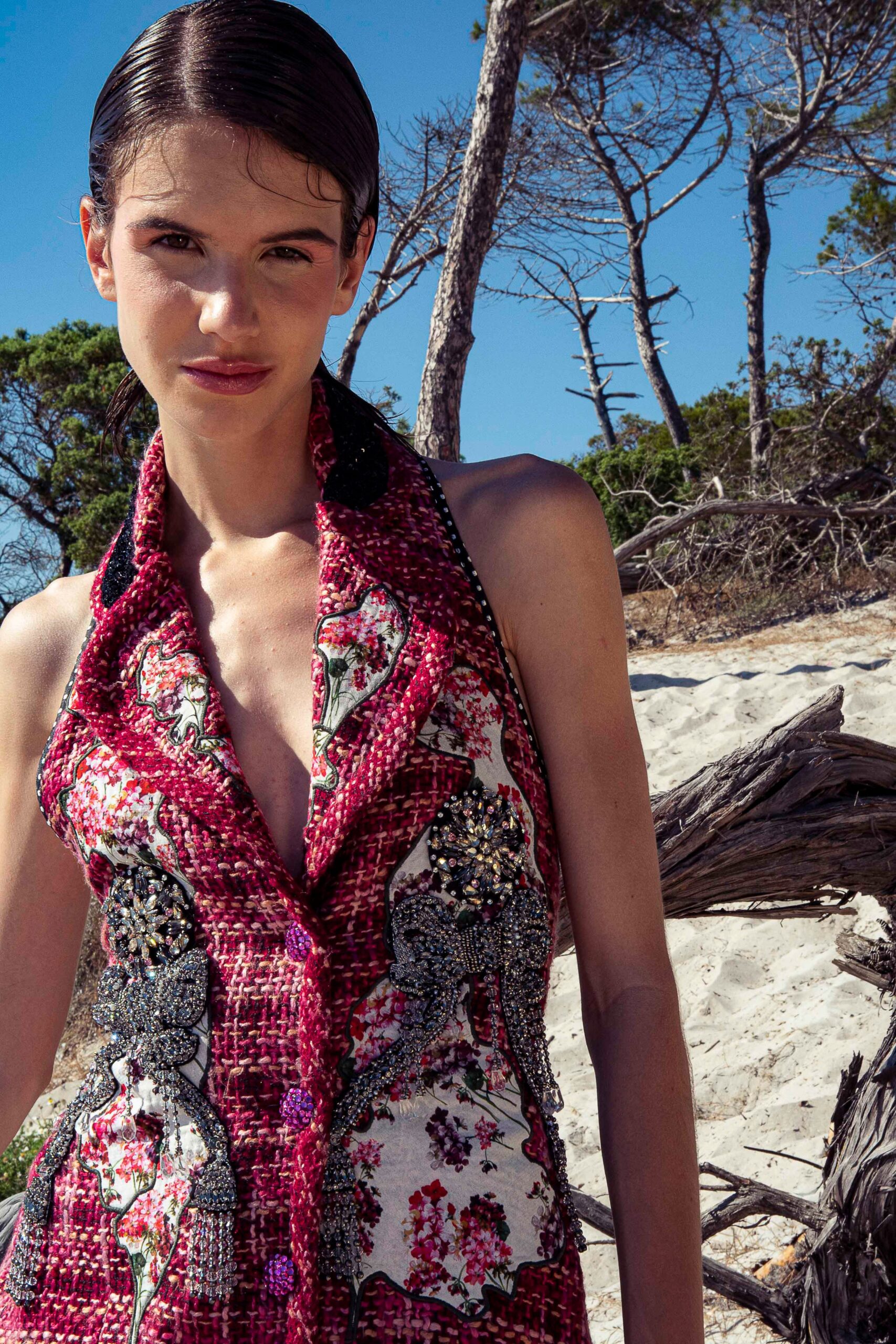 pink embroidered sleeveless dress