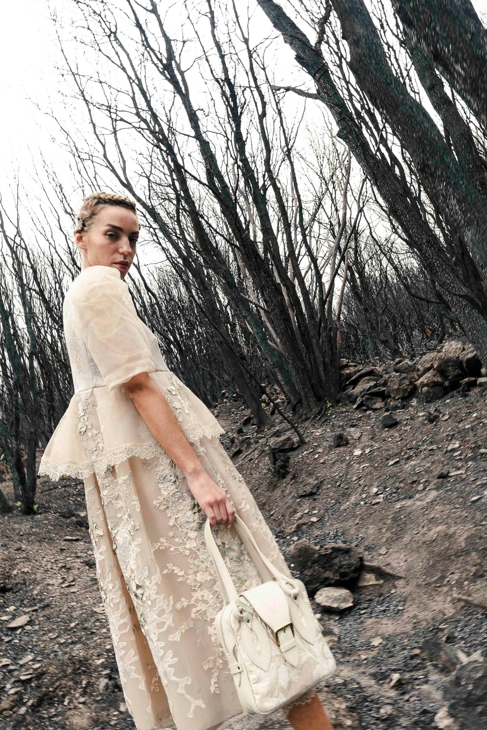 beige embroidered midi dress with bag