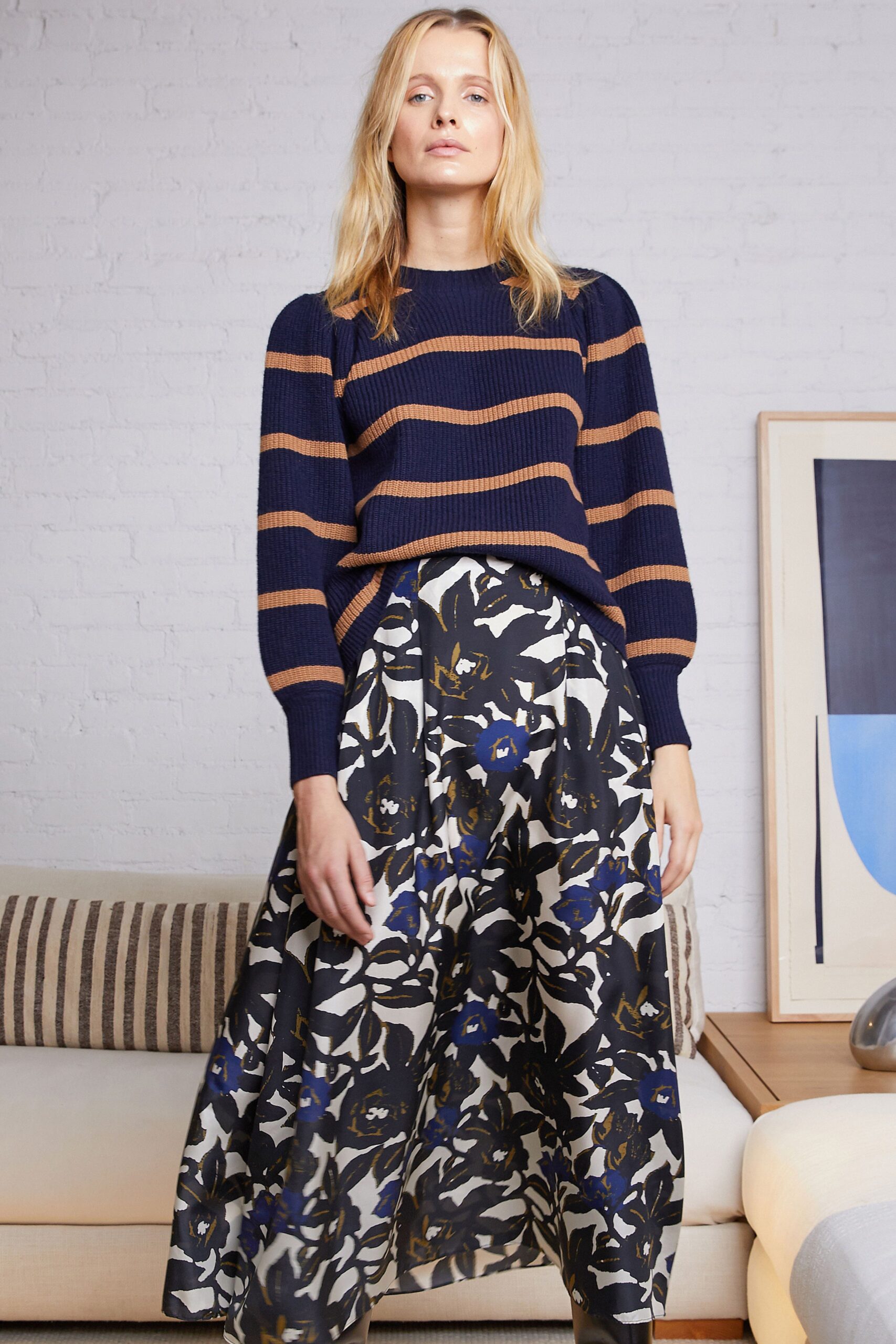 navy striped sweater and flared maxi skirt