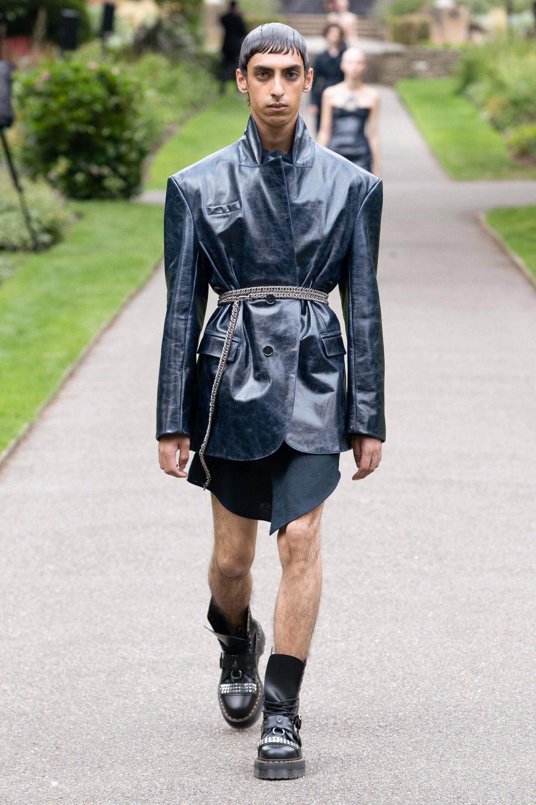 blue leather structured jacket